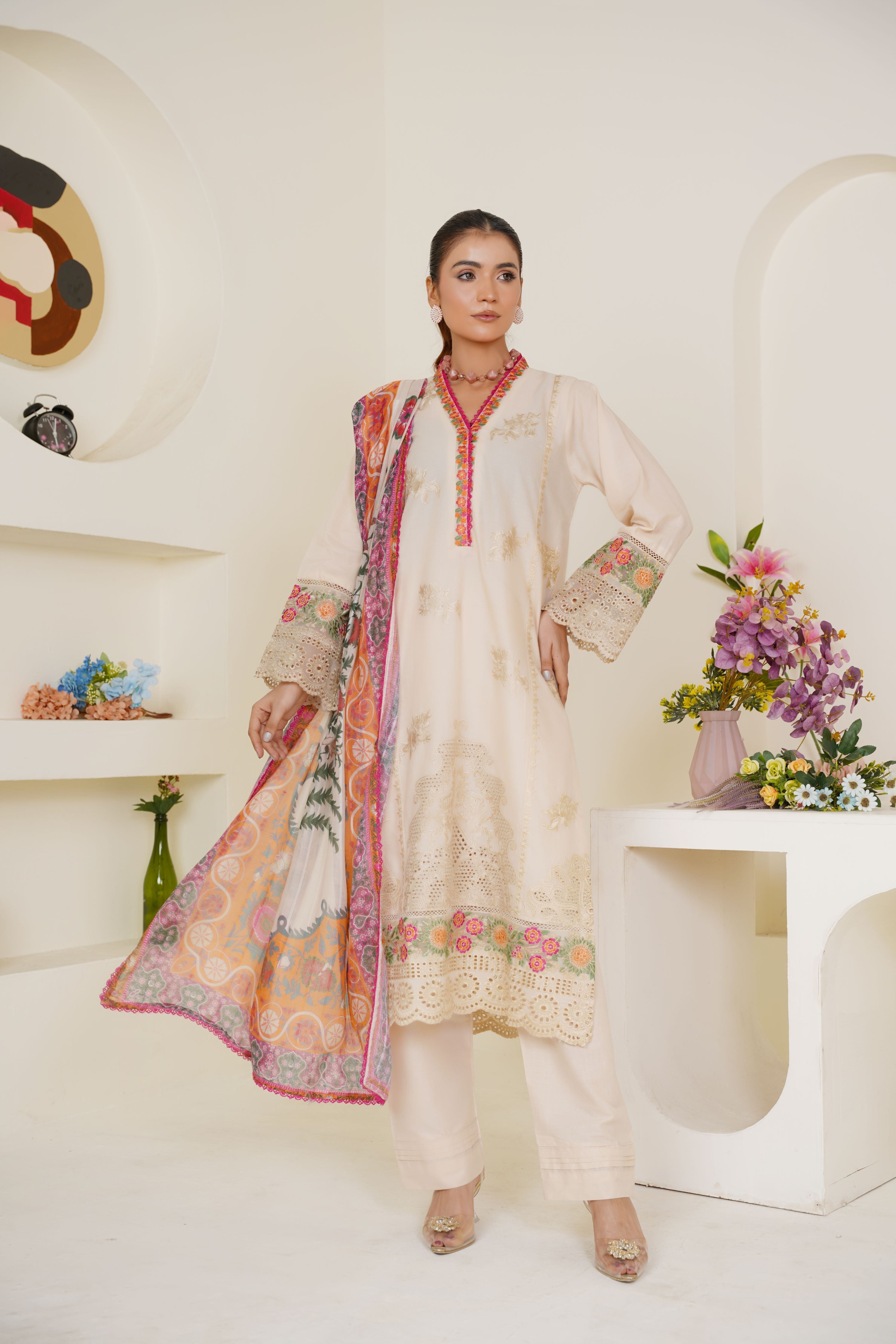 Ivory Cream Embroidered Lawn 3-Piece Pret Suit with Multicolor Dupatta - Threads & Weaves