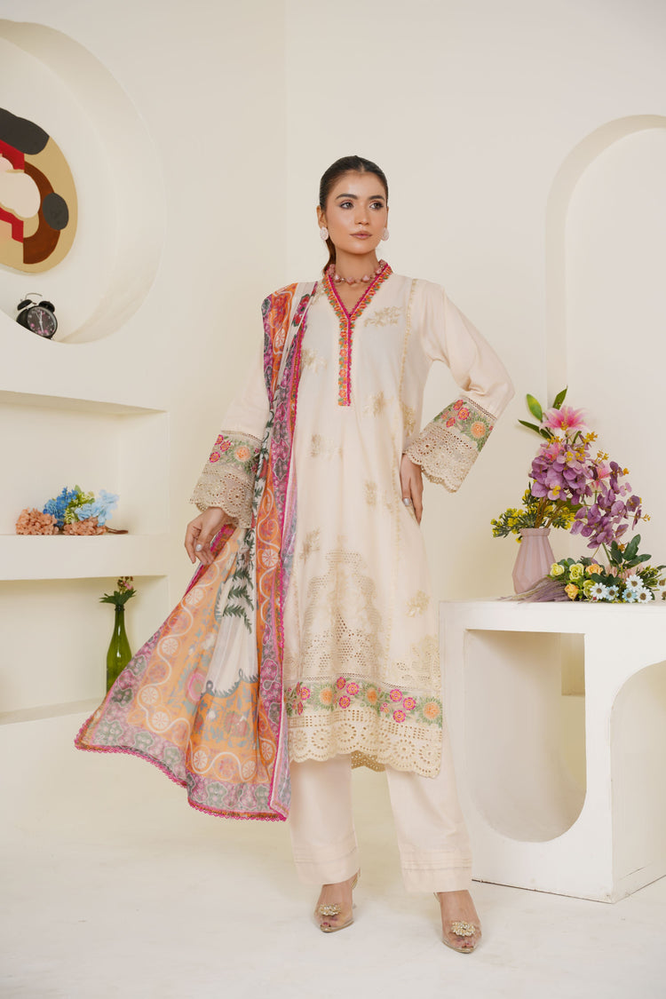 Ivory Cream Embroidered Lawn 3-Piece Pret Suit with Multicolor Dupatta - Threads & Weaves