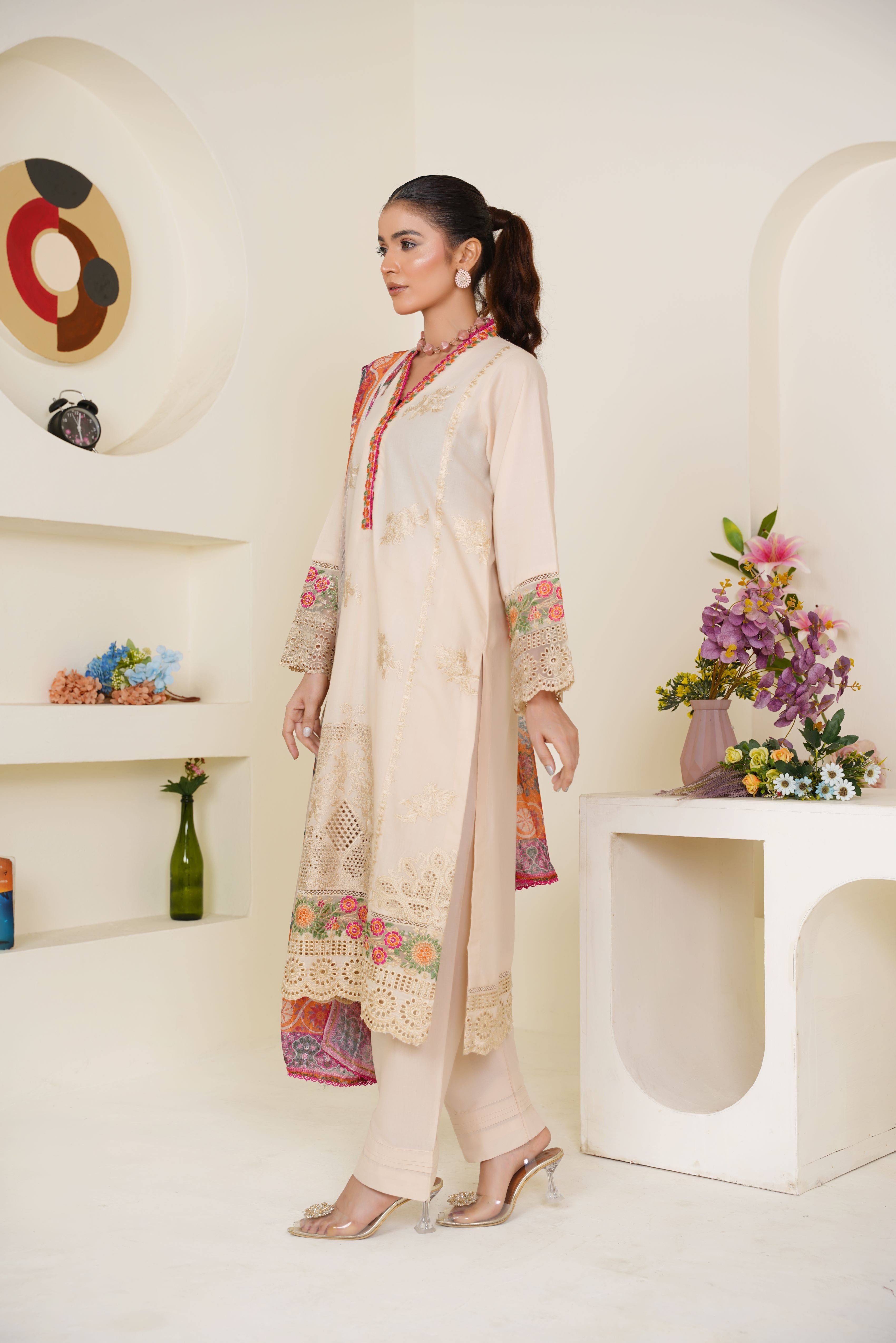 Ivory Cream Embroidered Lawn 3-Piece Pret Suit with Multicolor Dupatta - Threads & Weaves