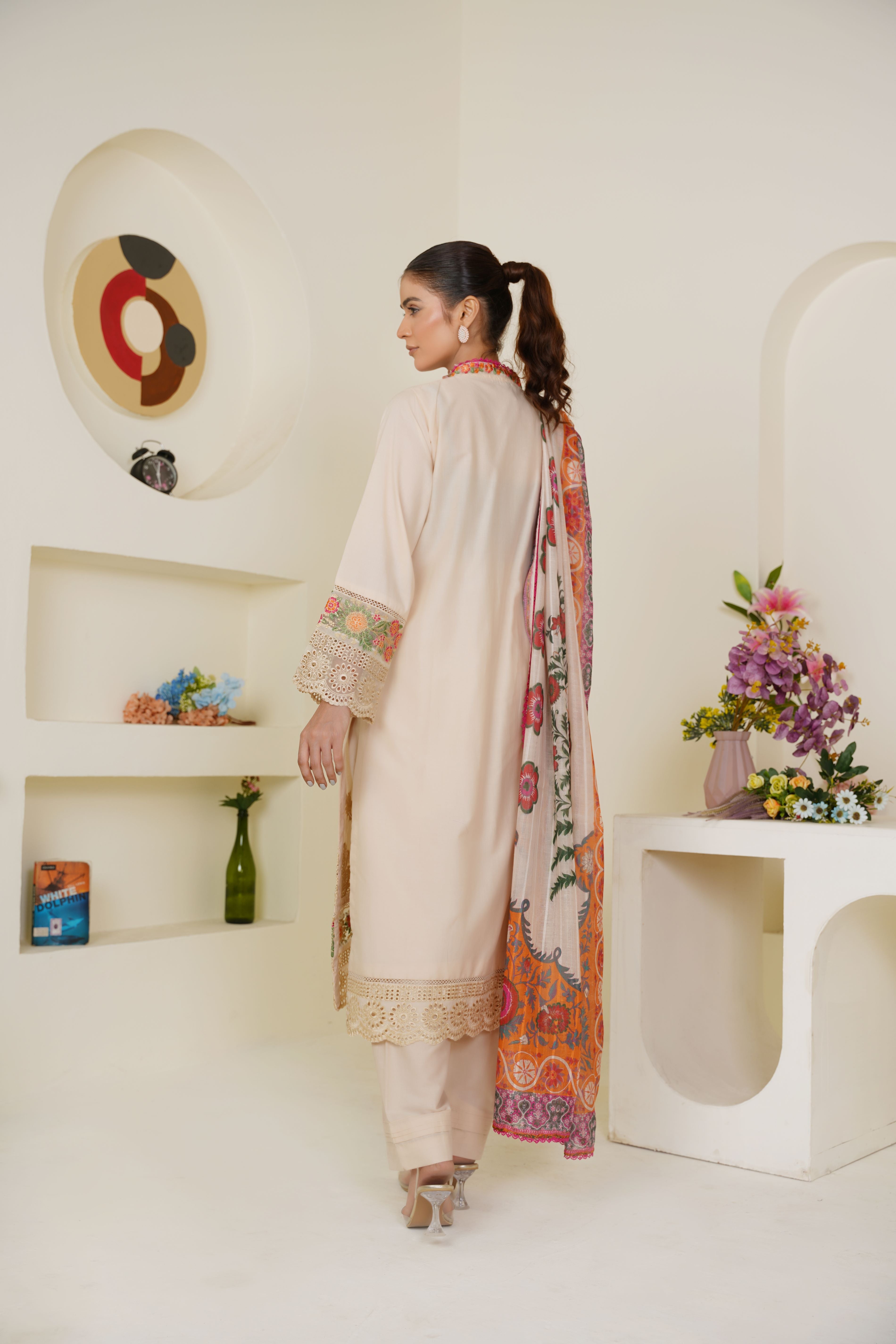 Ivory Cream Embroidered Lawn 3-Piece Pret Suit with Multicolor Dupatta - Threads & Weaves