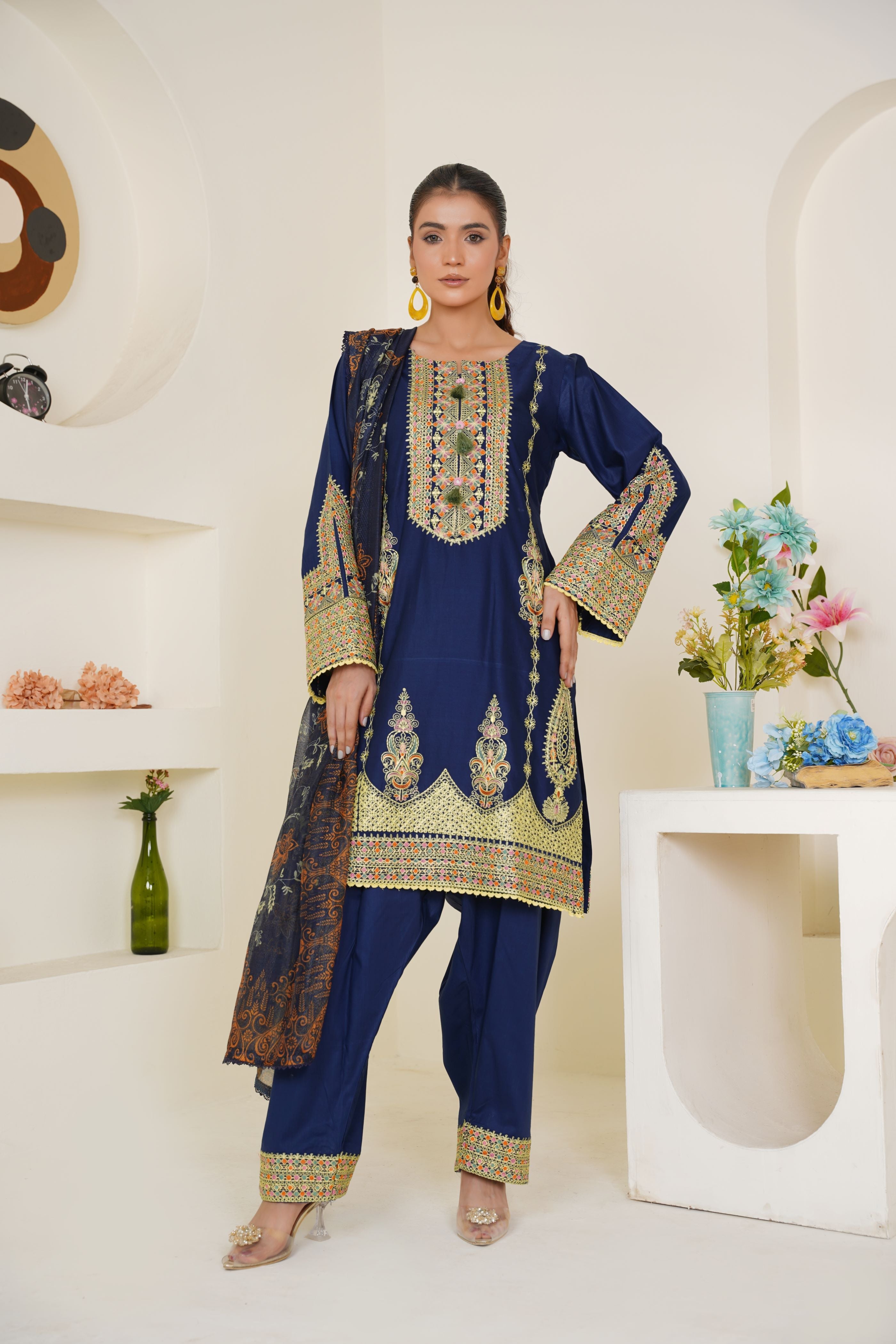 Royal Blue Embroidered Lawn 3-Piece Pret Suit - Threads & Weaves
