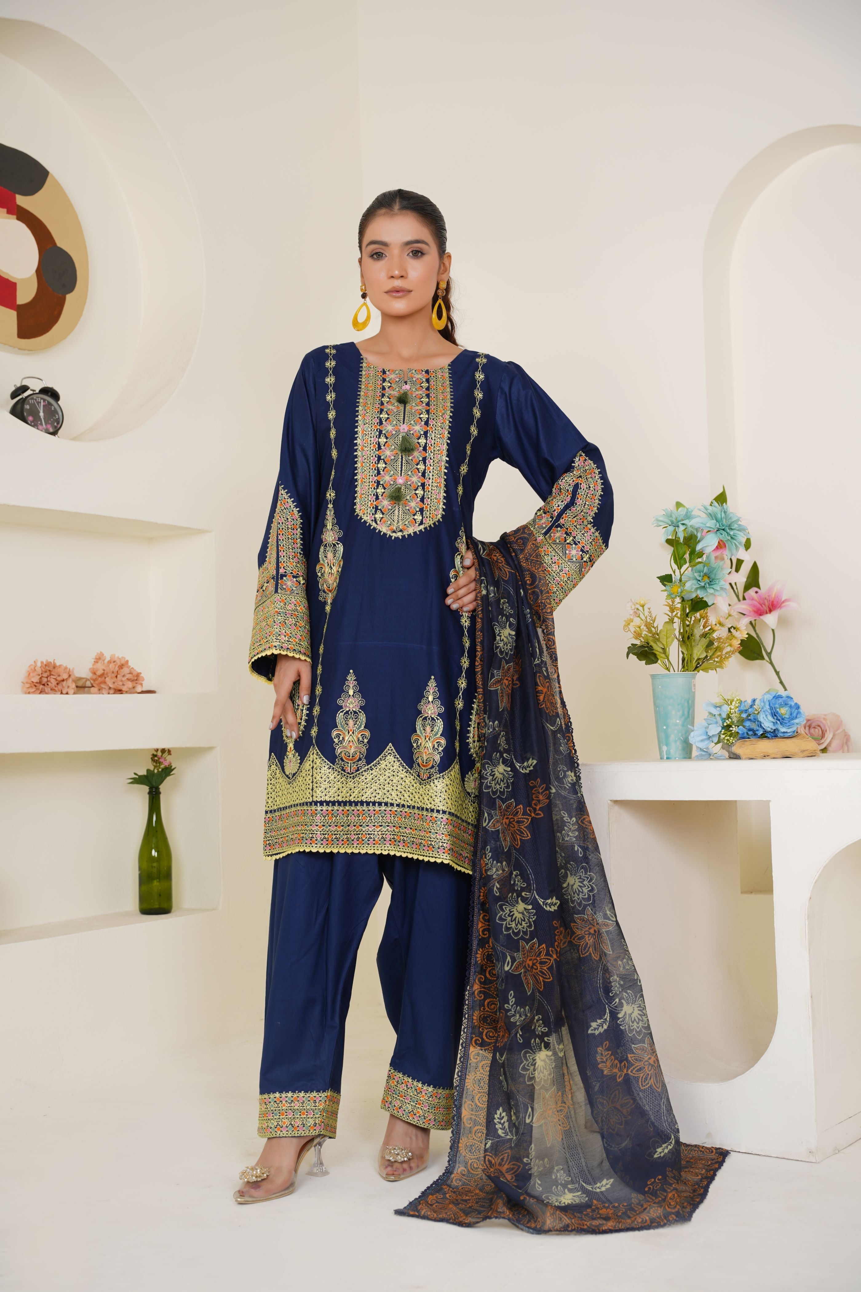 Royal blue embroidered lawn pret suit - ready to wear - Threads & Weaves