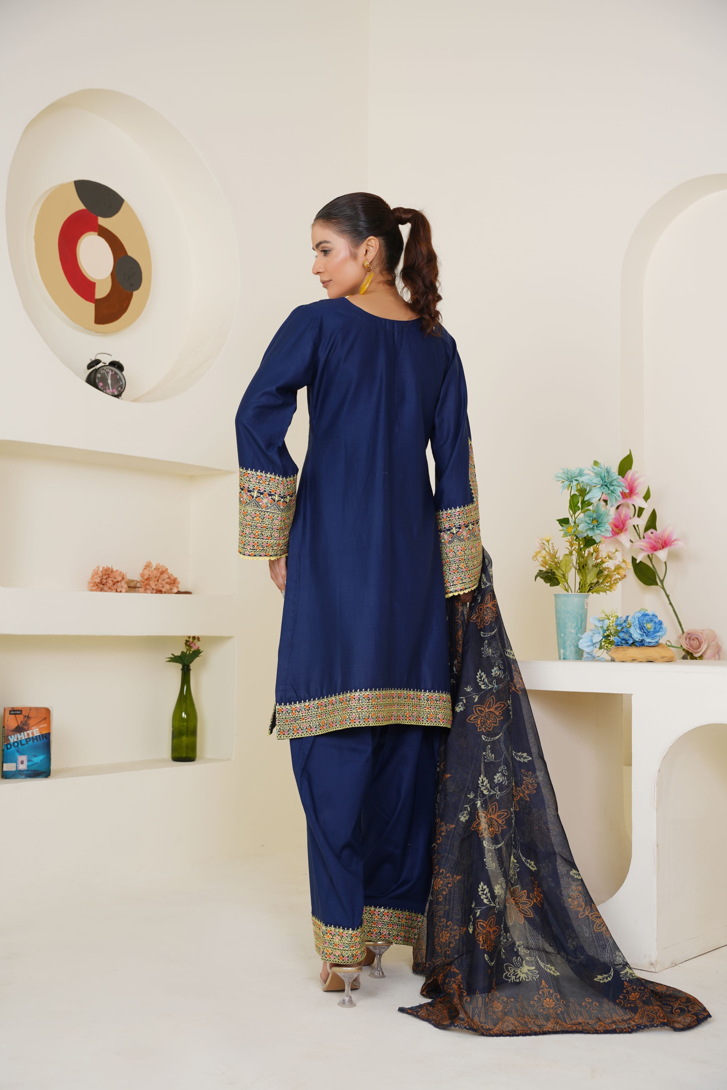 Royal Blue Embroidered Lawn 3-Piece Pret Suit - Threads & Weaves