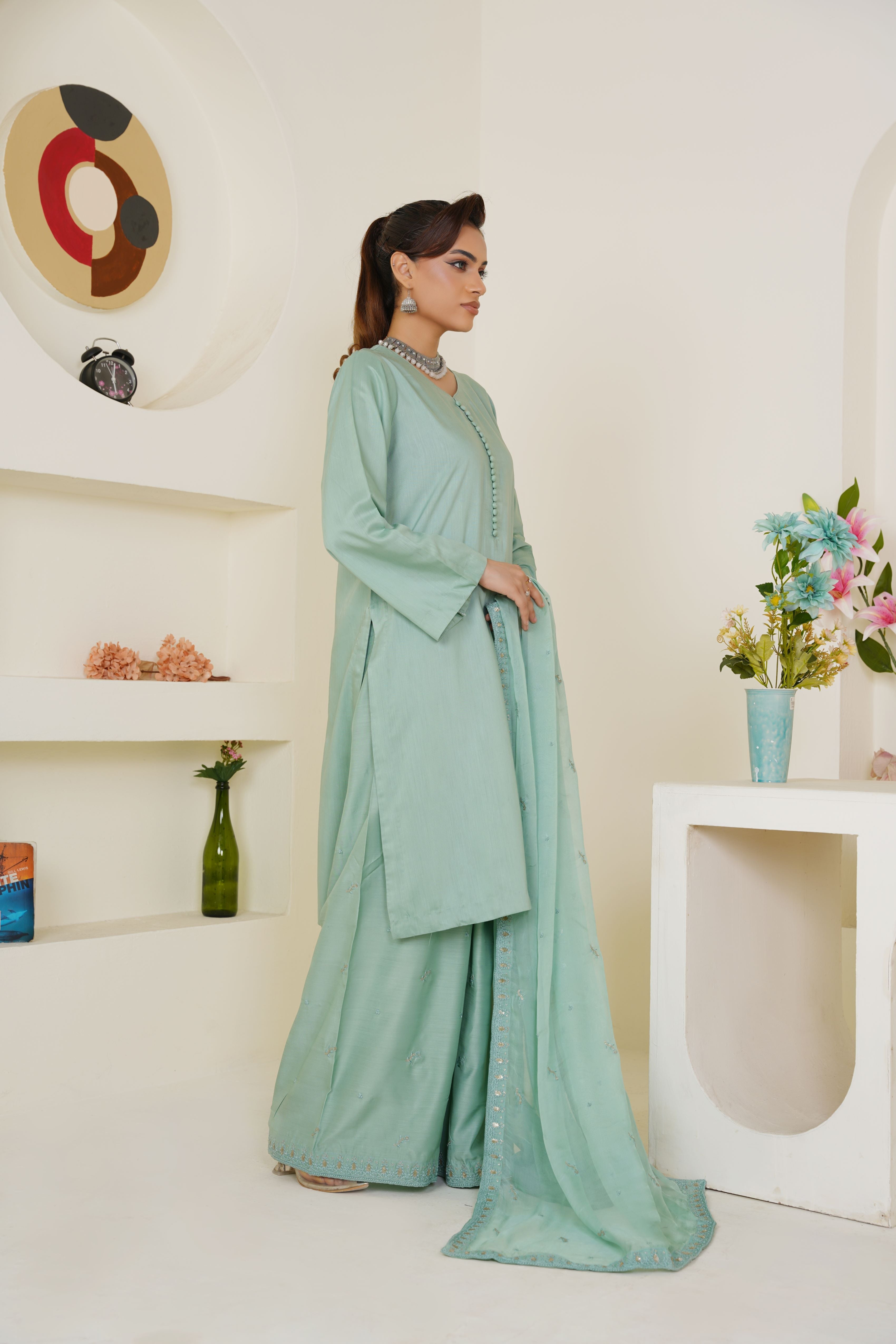 Pastel Sea Green Solid 3-Piece Ready-to-Wear Suit with Embroidered Dupatta & Trouser - Threads & Weaves