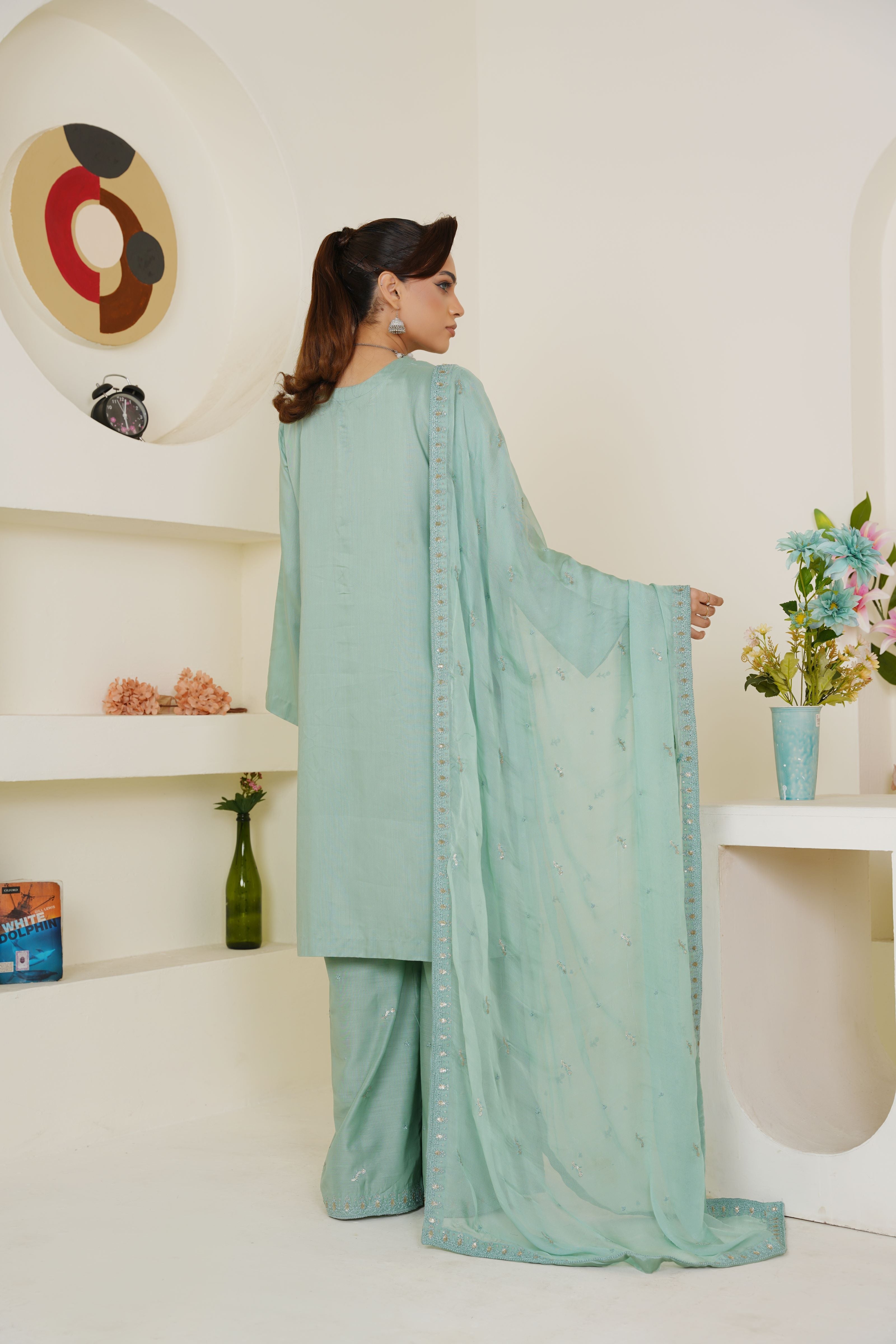 Pastel Sea Green Solid 3-Piece Ready-to-Wear Suit with Embroidered Dupatta & Trouser - Threads & Weaves