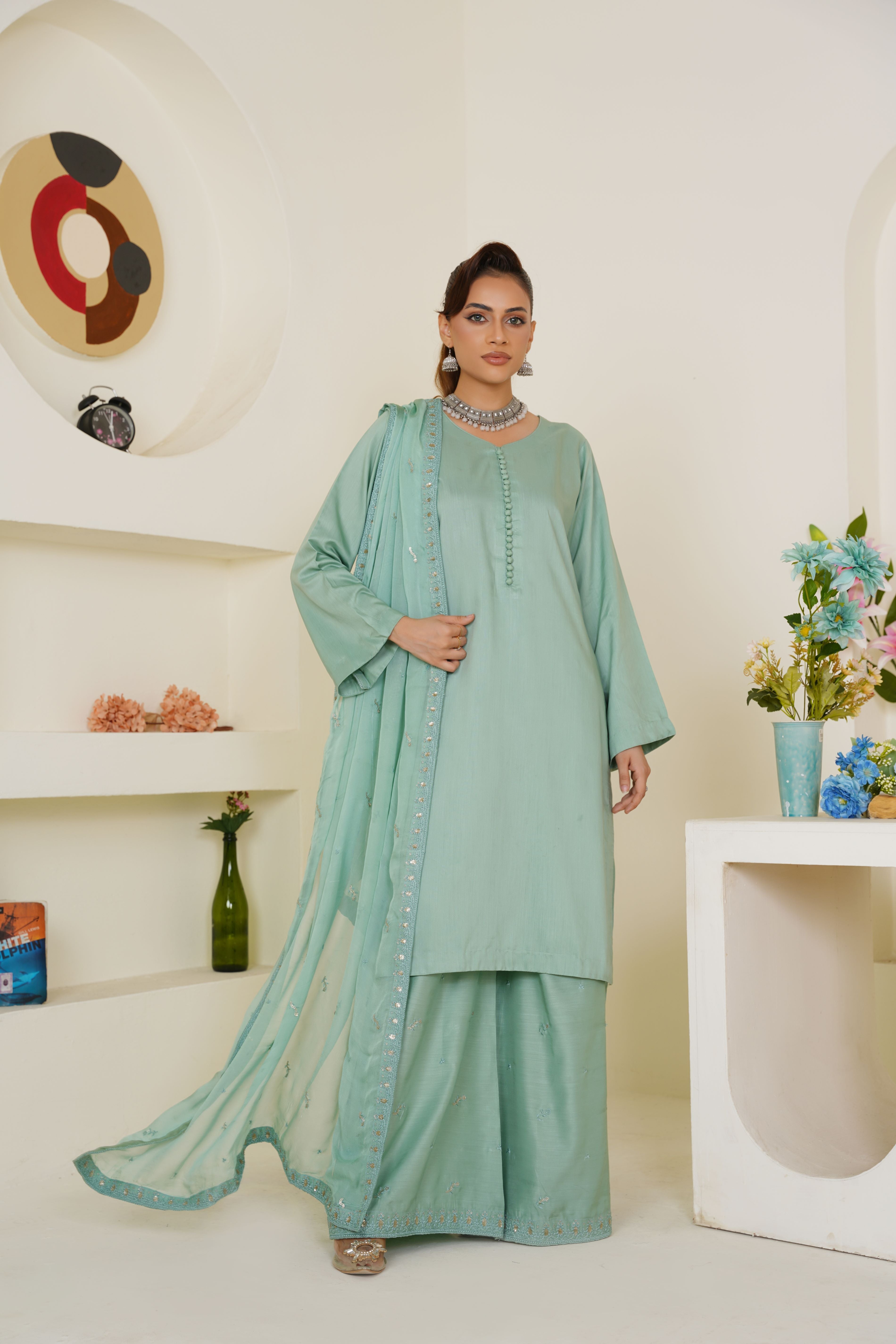 Pastel Sea Green Solid 3-Piece Ready-to-Wear Suit with Embroidered Dupatta & Trouser - Threads & Weaves