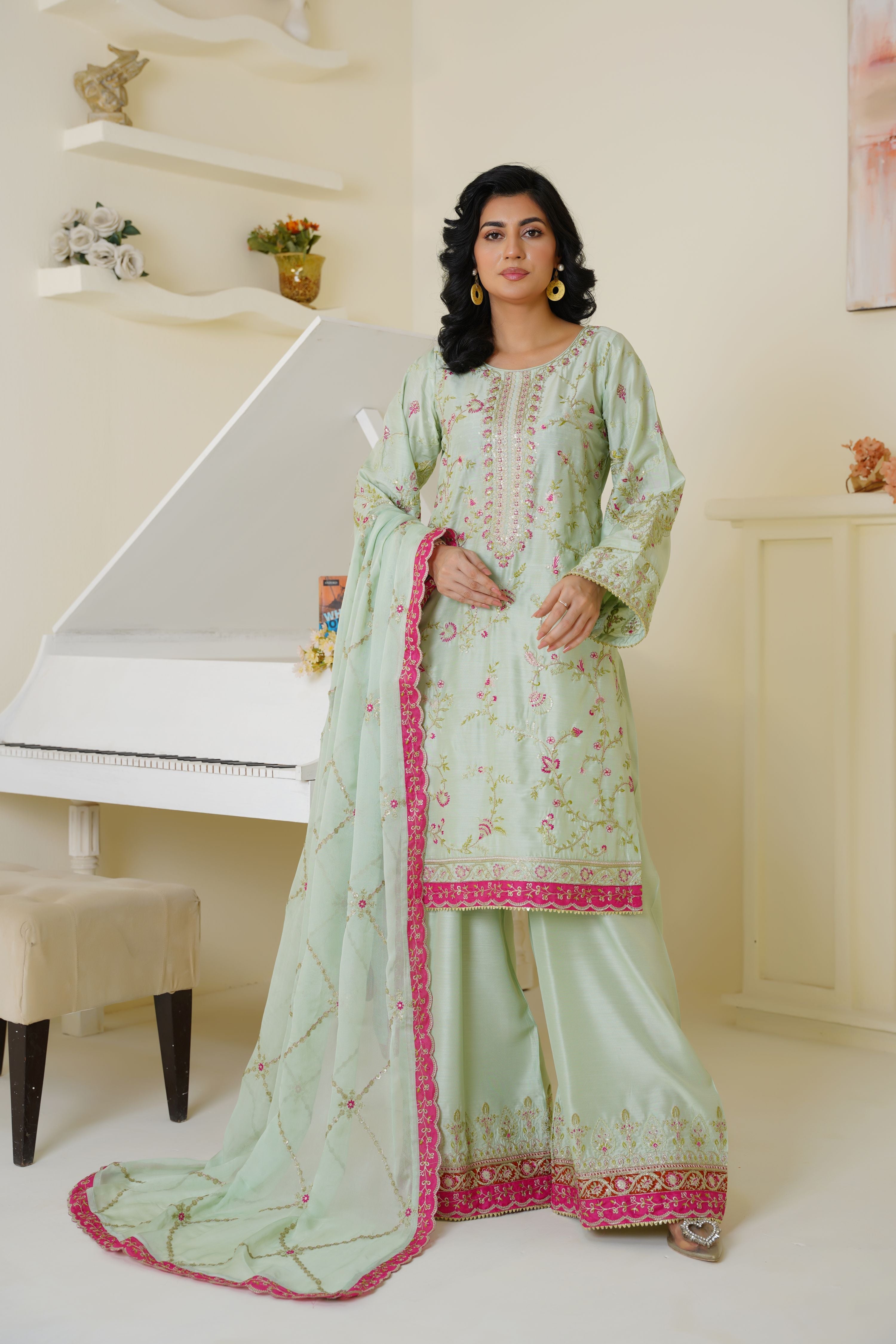 Mint green and pink embroidered viscose suit - ready to wear - Threads & Weaves