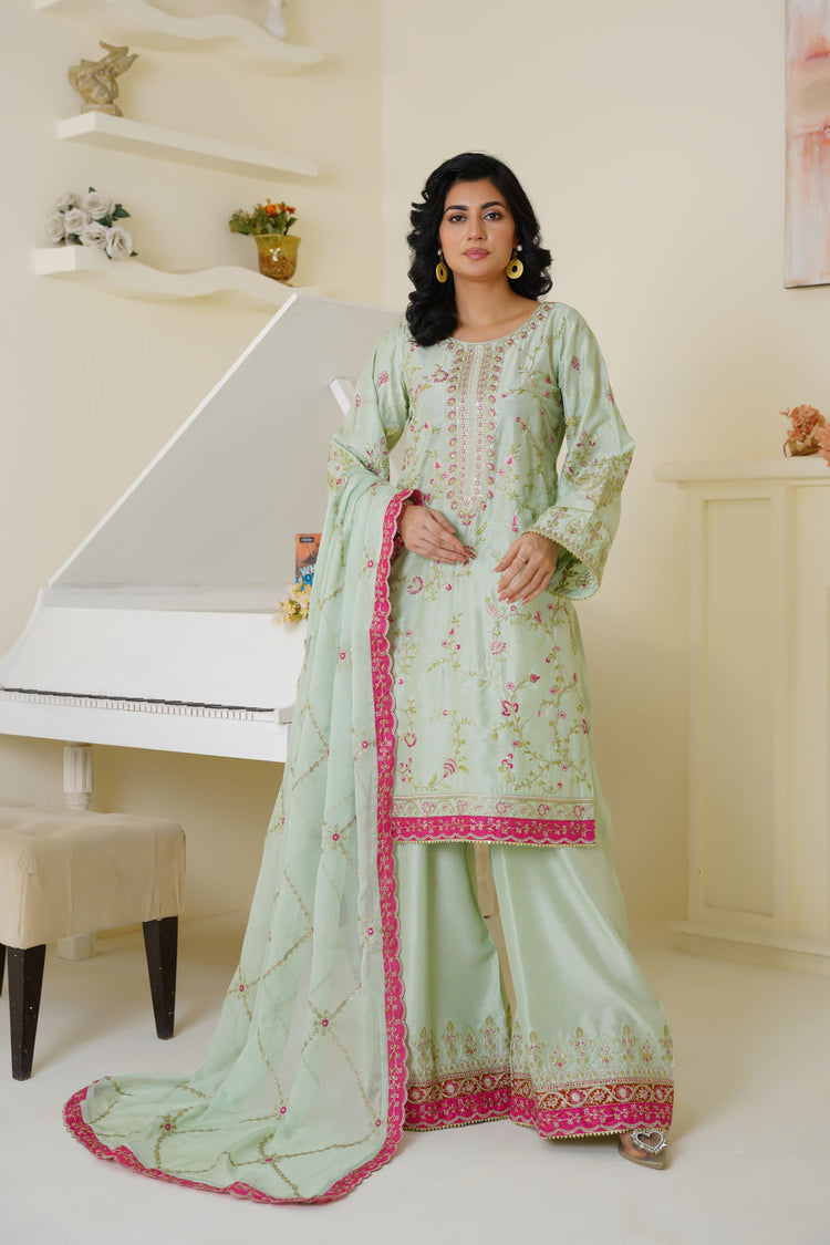 Mint green and pink embroidered viscose suit - ready to wear - Threads & Weaves
