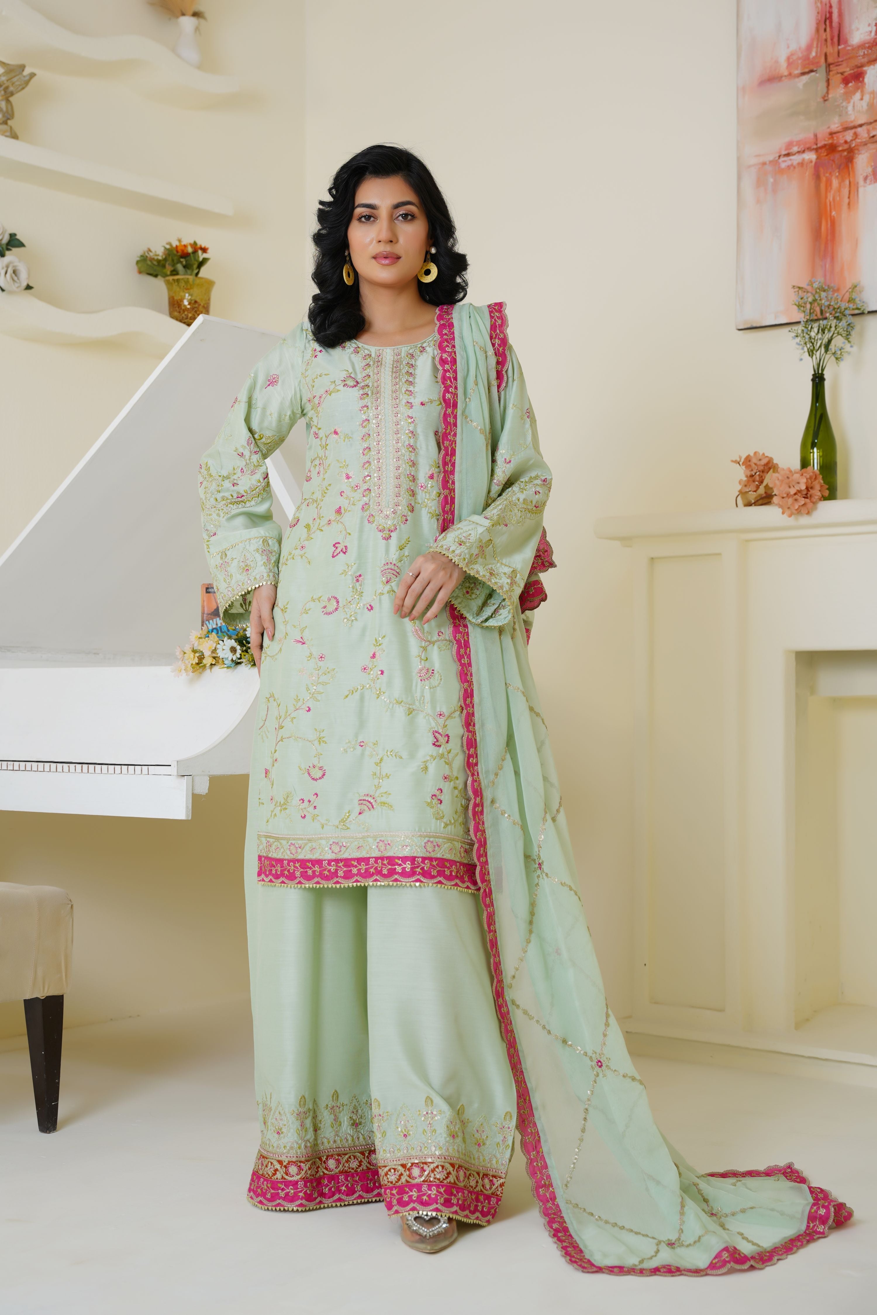 Mint Green & Pink Embroidered Viscose 3-Piece Suit Ready to Wear - Threads & Weaves