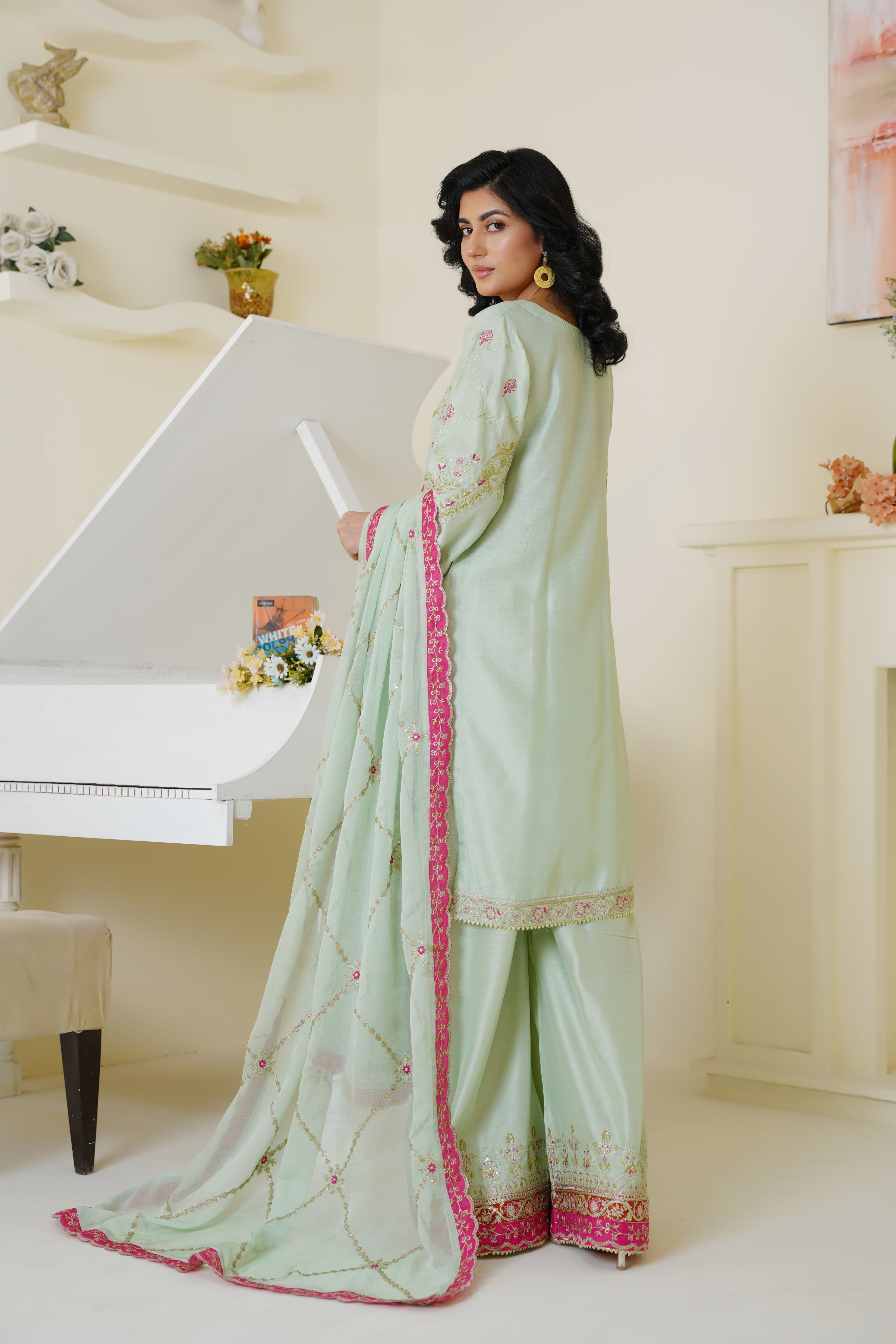 Mint Green & Pink Embroidered Viscose 3-Piece Suit Ready to Wear - Threads & Weaves
