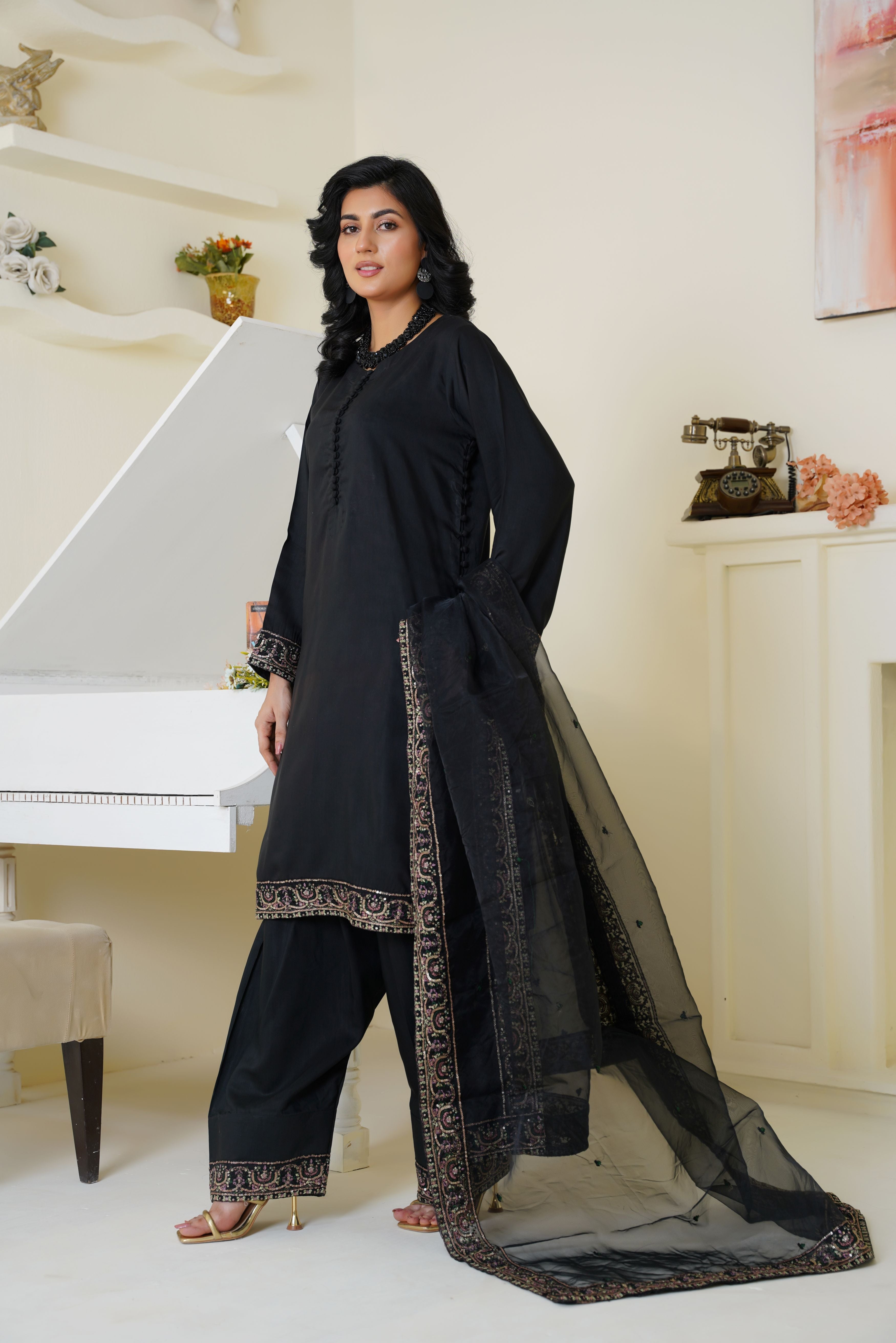 Classic Black Embroidered Viscose 3-Piece Suit Ready to Wear - Threads & Weaves
