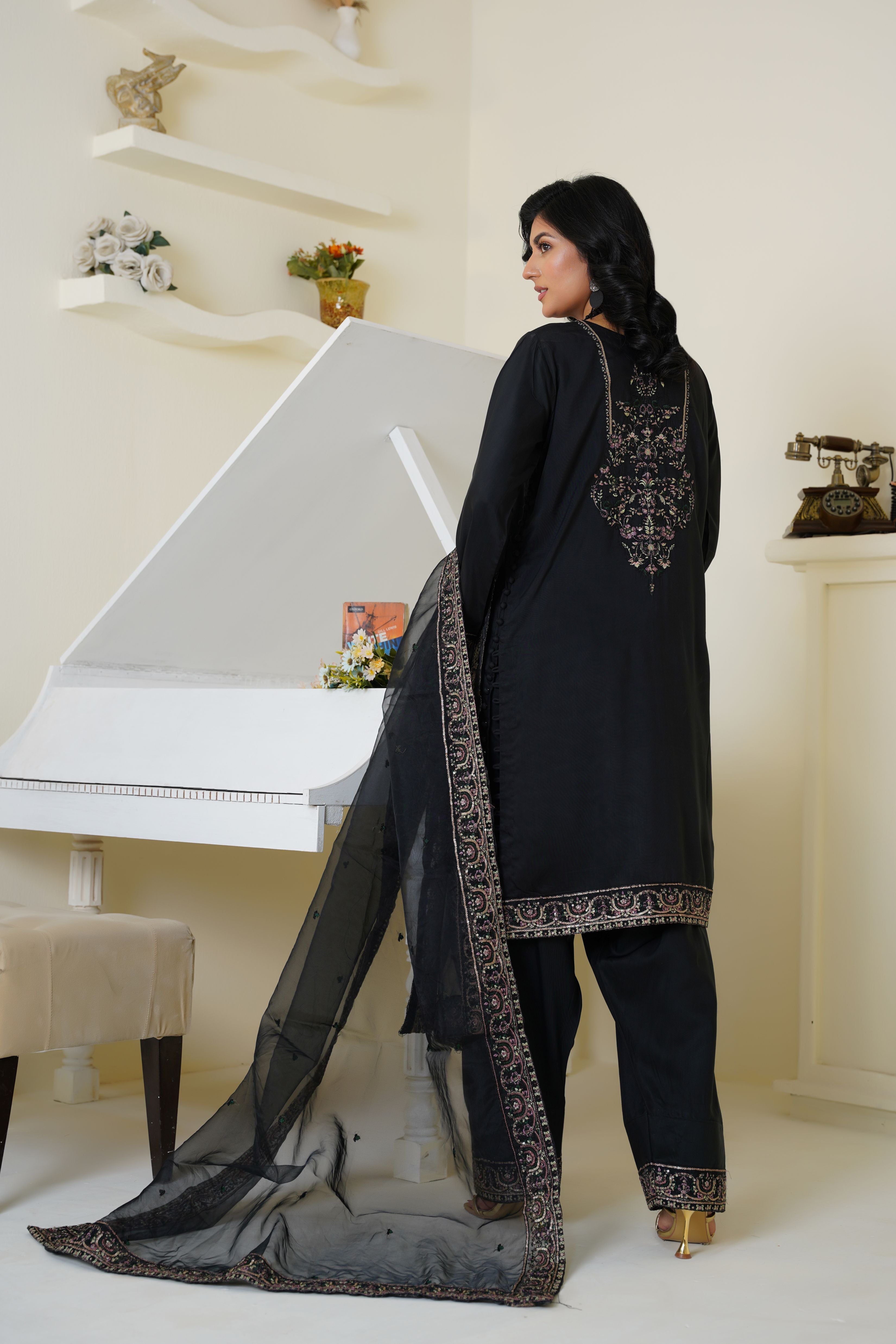 Classic Black Embroidered Viscose 3-Piece Suit Ready to Wear - Threads & Weaves