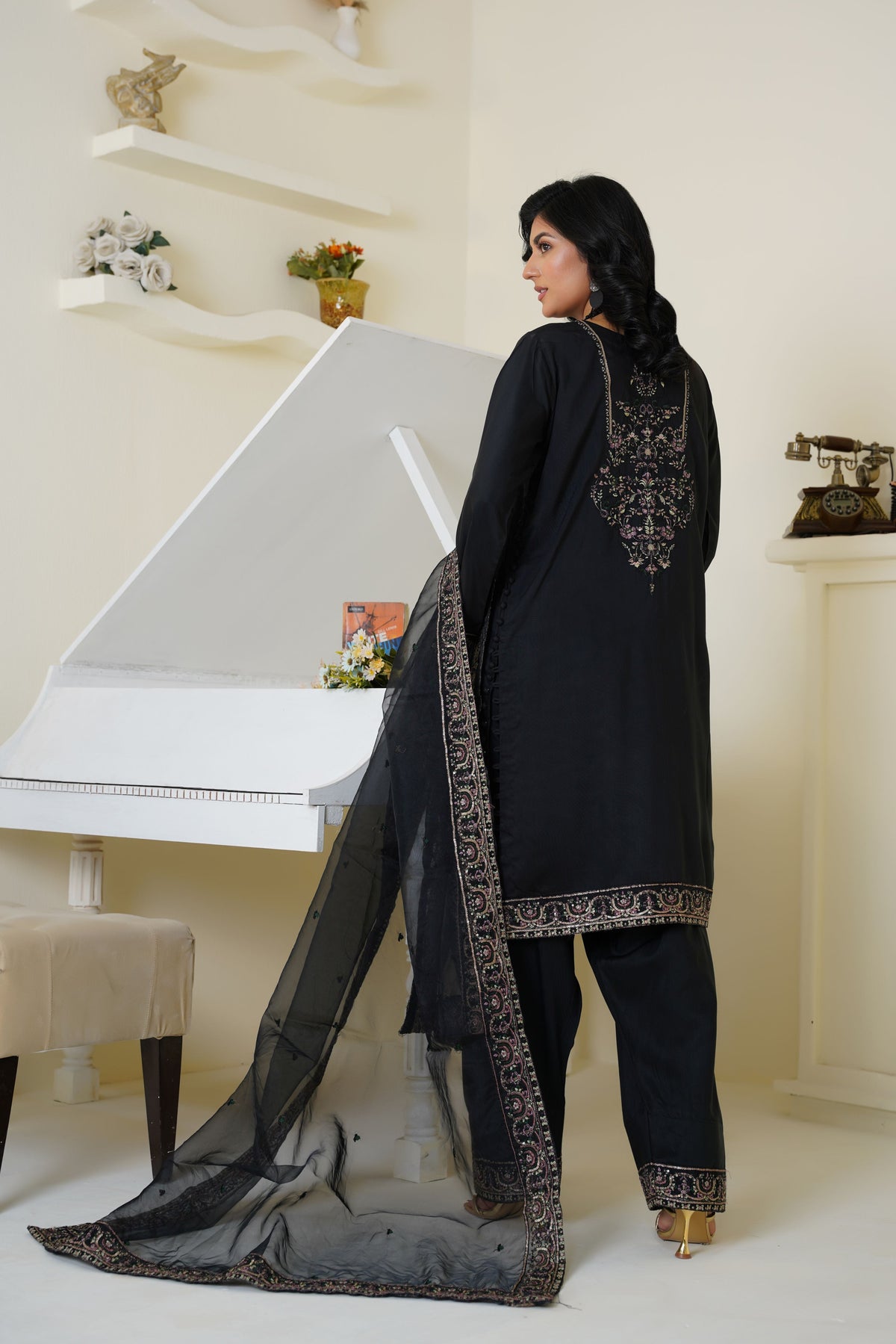 Classic Black Embroidered Viscose 3-Piece Suit Ready to Wear - Threads & Weaves