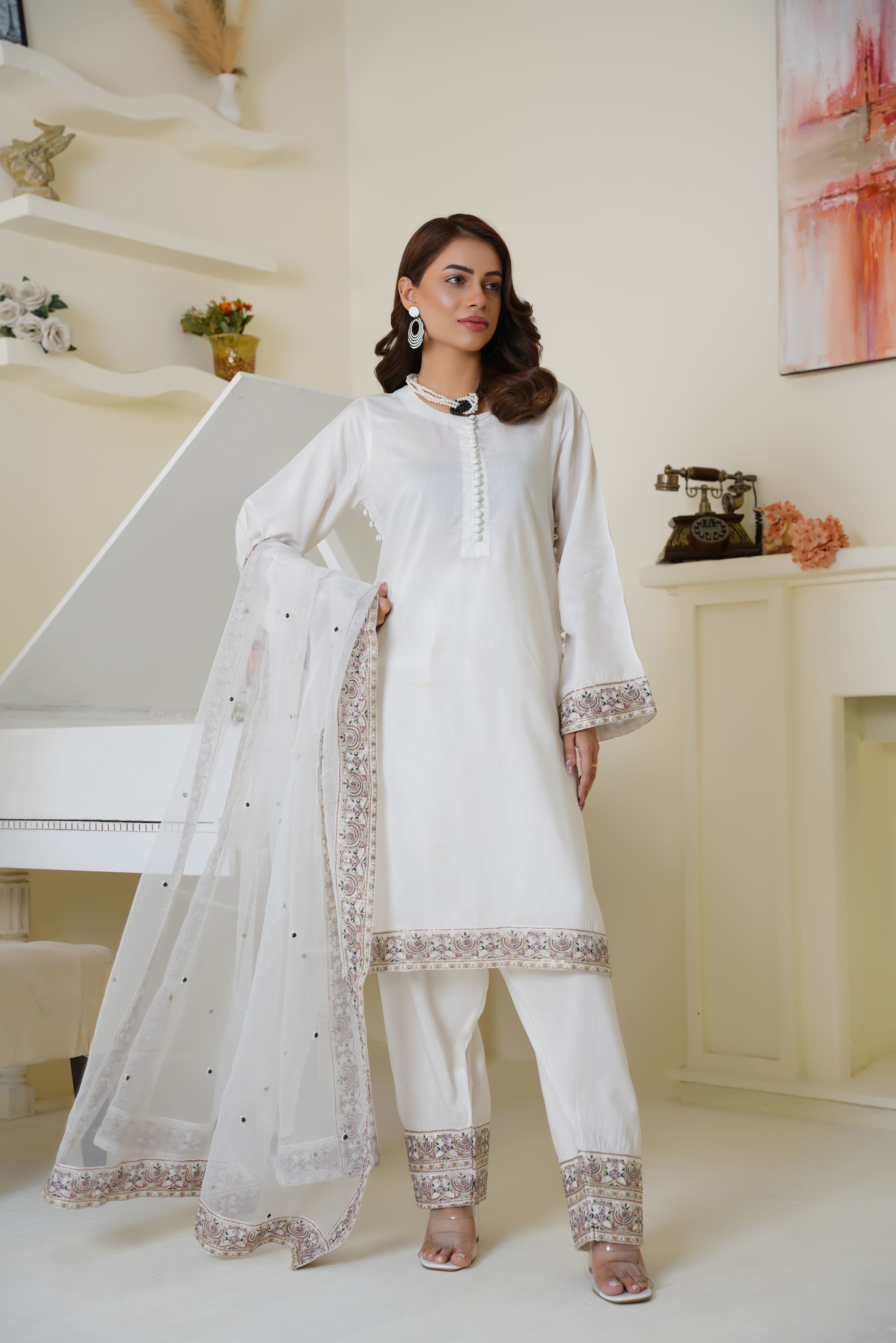 Ivory White Embroidered Viscose 3-Piece Suit Ready to Wear - Threads & Weaves