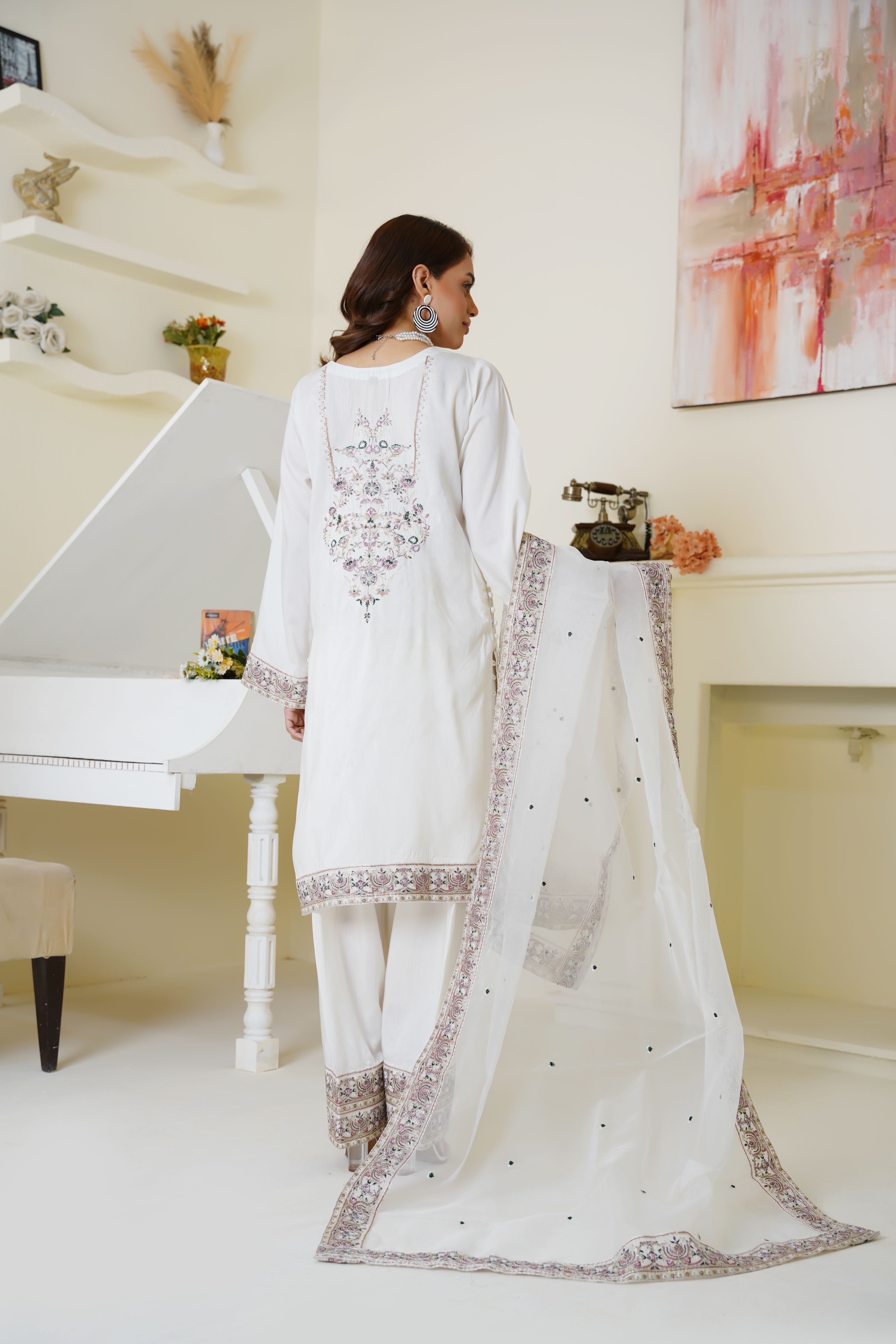 Ivory White Embroidered Viscose 3-Piece Suit Ready to Wear - Threads & Weaves