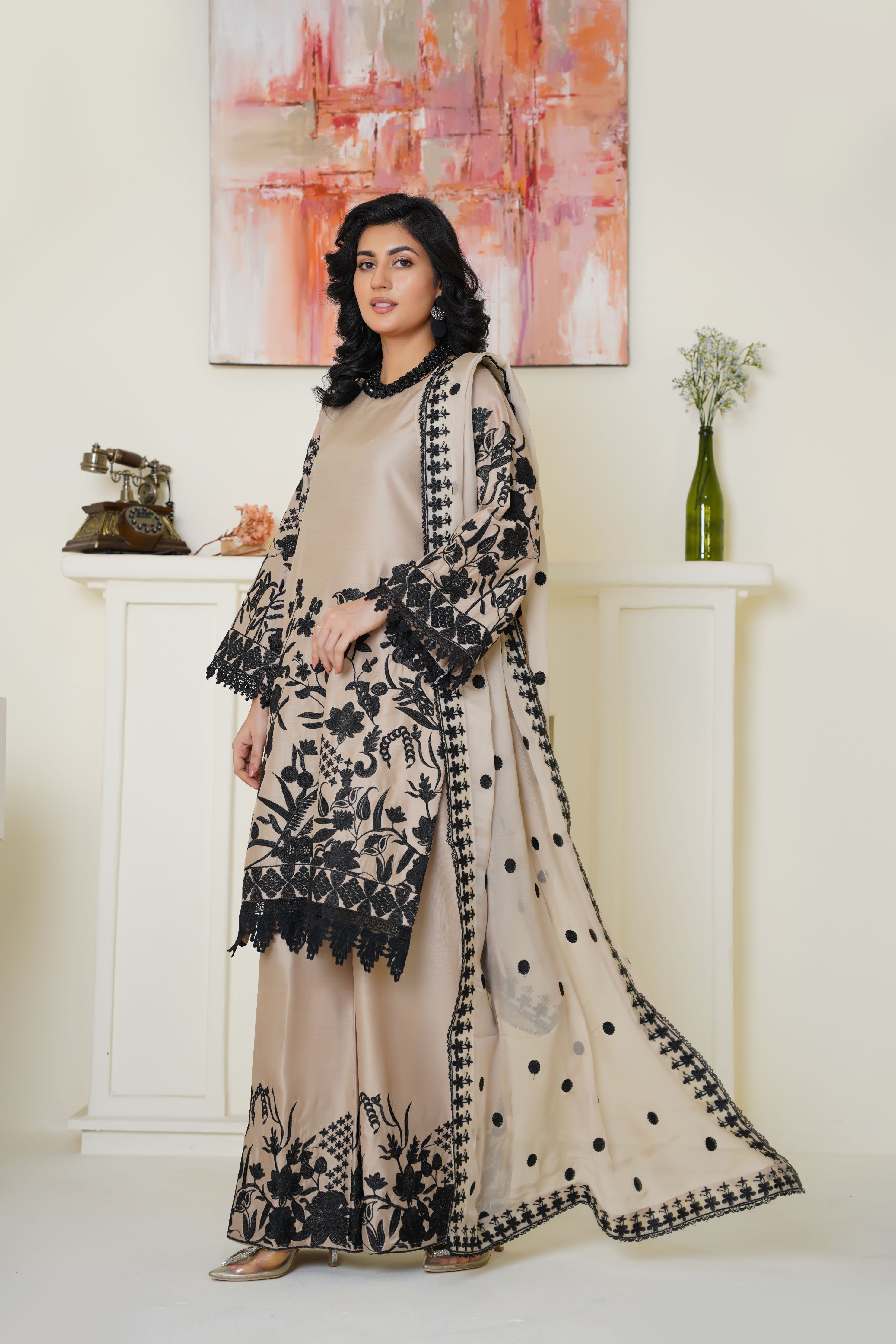 Chic Beige & Black Embroidered Viscose 3-Piece Suit - Ready to Wear - Threads & Weaves
