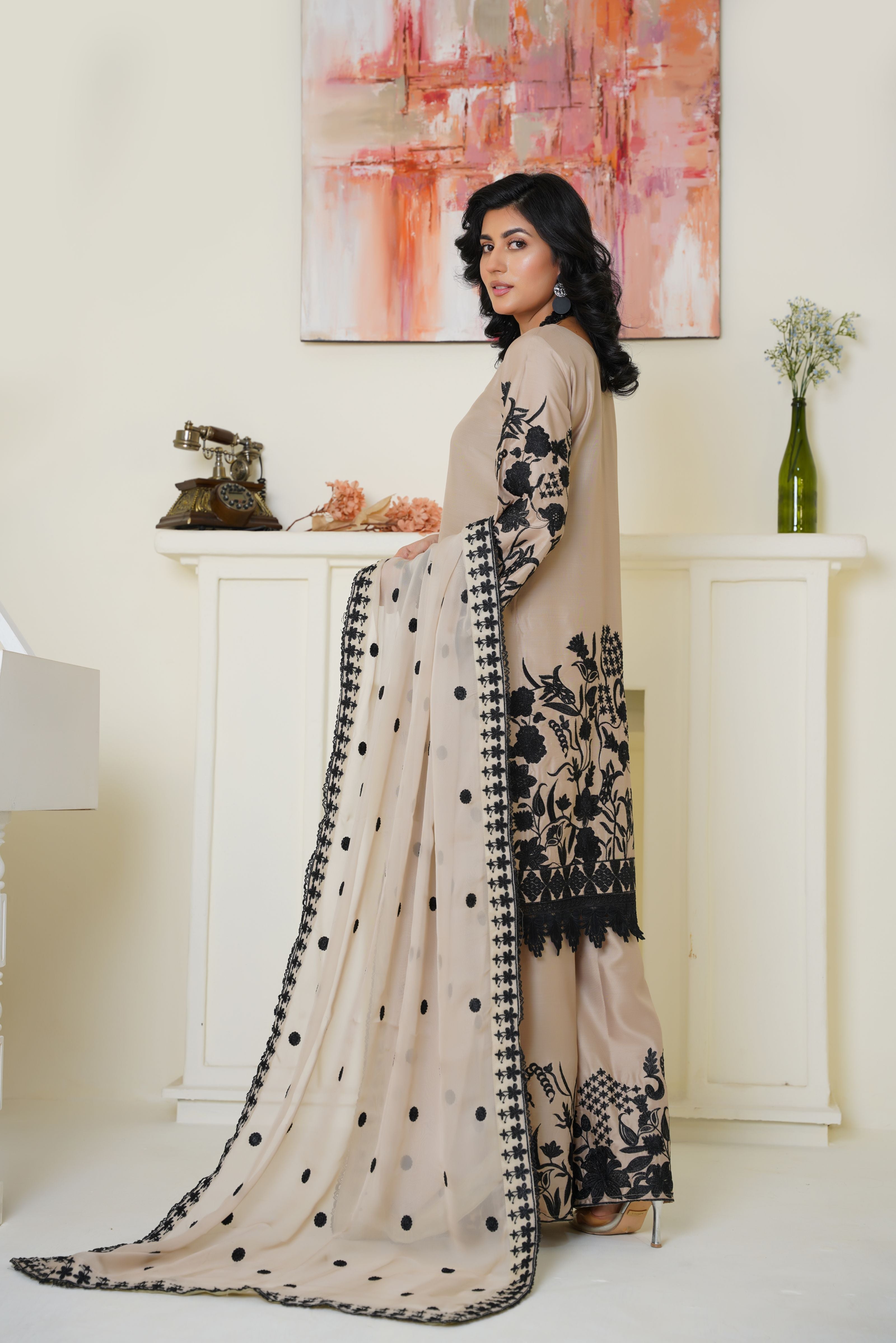 Chic Beige & Black Embroidered Viscose 3-Piece Suit - Ready to Wear - Threads & Weaves