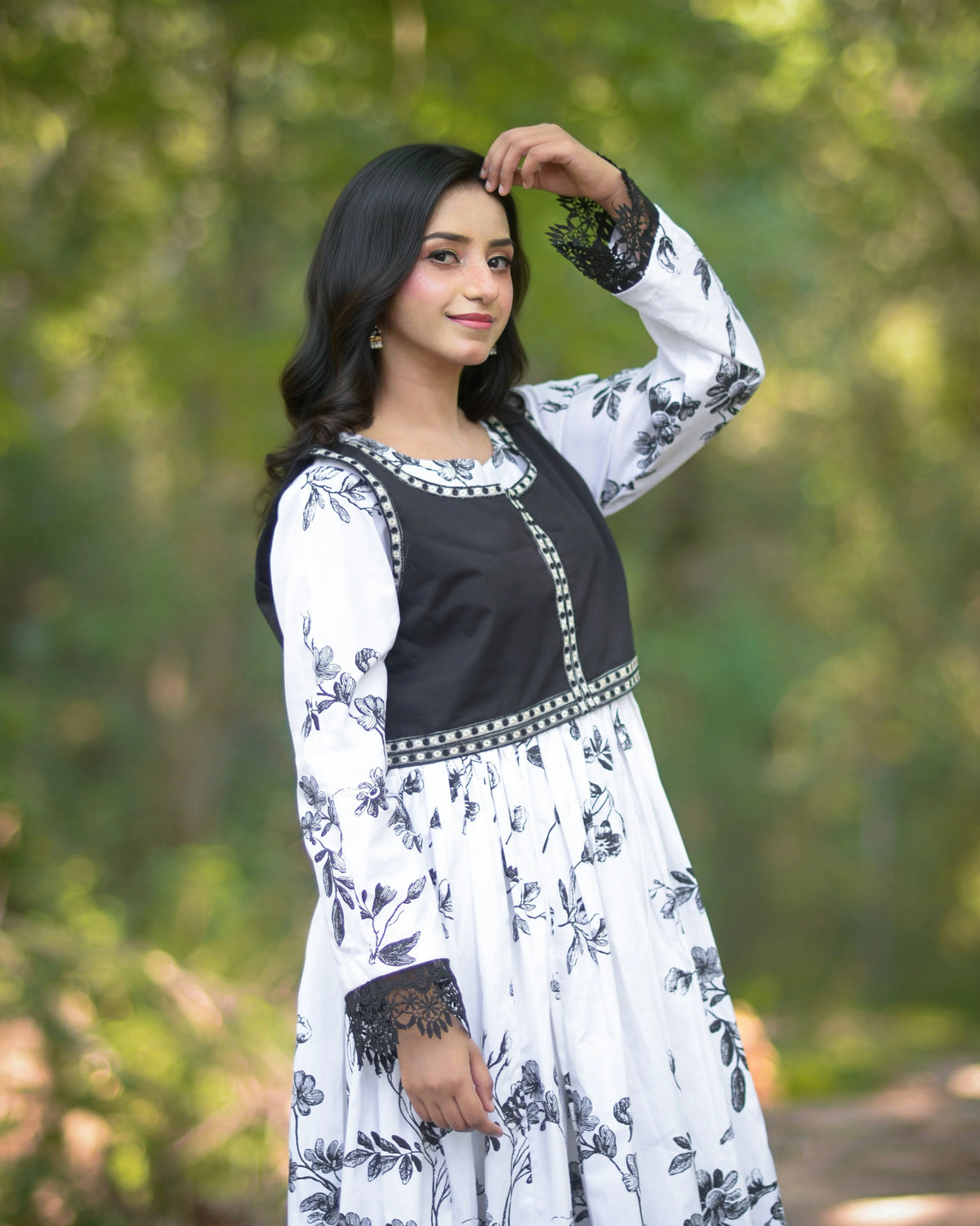 Printed Dress With Embroidered Overlay Vest - Urban Cut