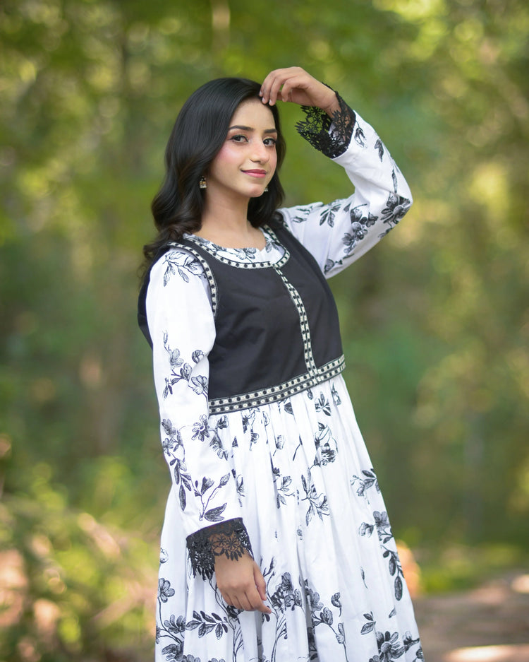 Printed Dress With Embroidered Overlay Vest - Urban Cut