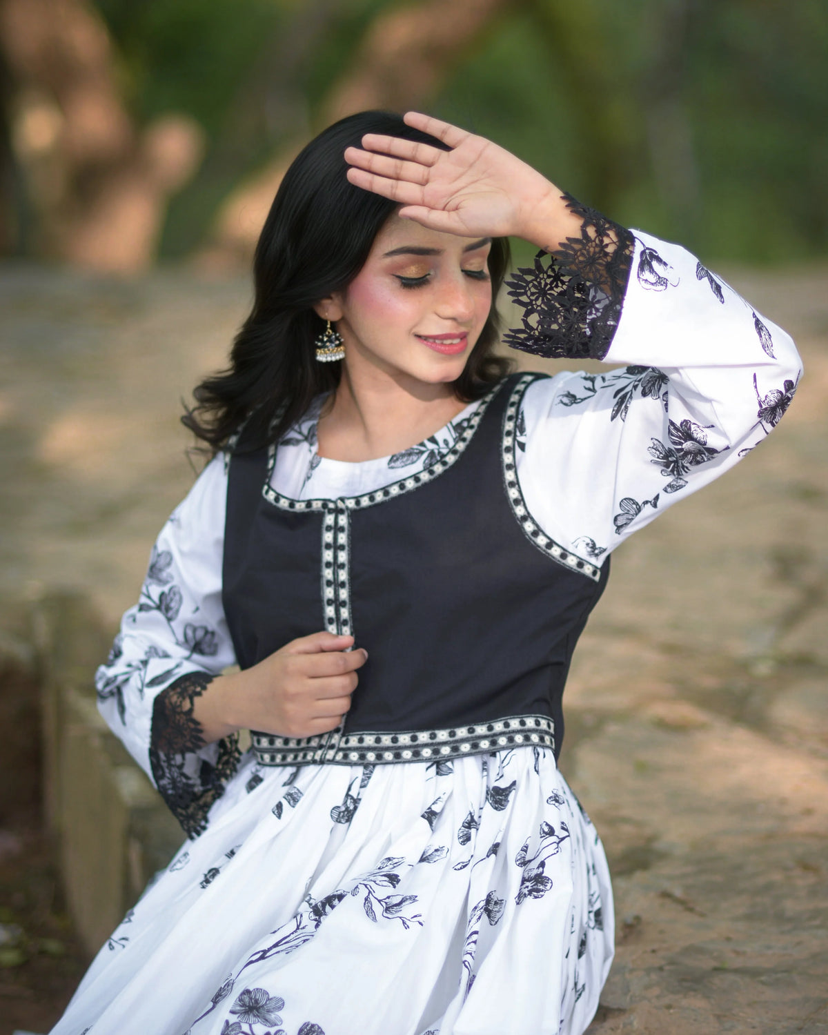 Printed Dress With Embroidered Overlay Vest - Urban Cut