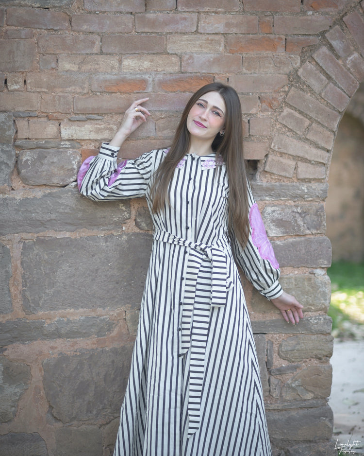 Embroidered Cotton Striped 1 Piece Dress - Urban Cut