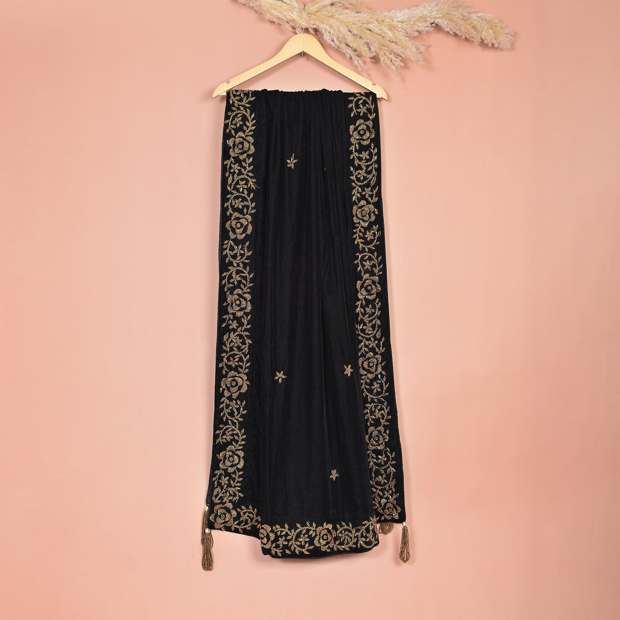 Moonlit Beads Shawl - Black Gold Embroidered Women's Shawl - Lilaycs