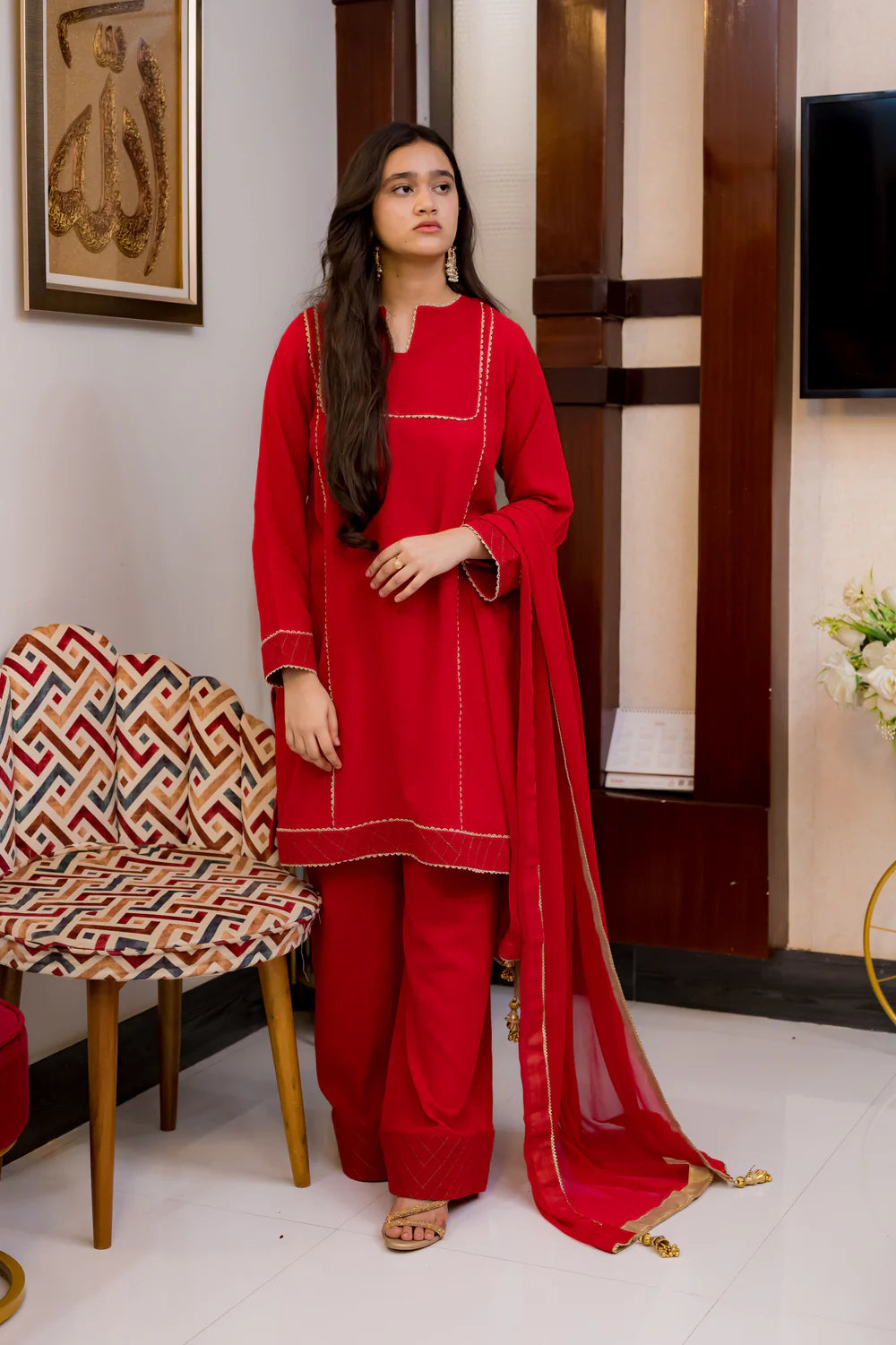 Traditional Red Cotton Crush 2 Piece Suit - Shadeforteen