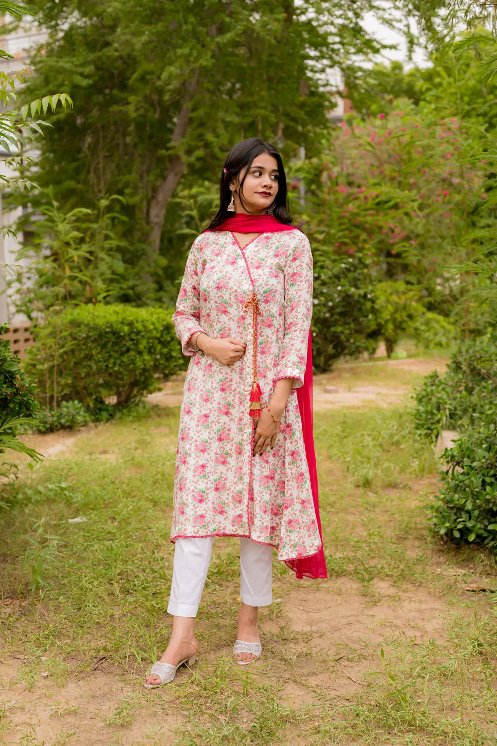 Cotton Crape Floral Angrakha Style 3 Piece Shirt - Shadeforteen