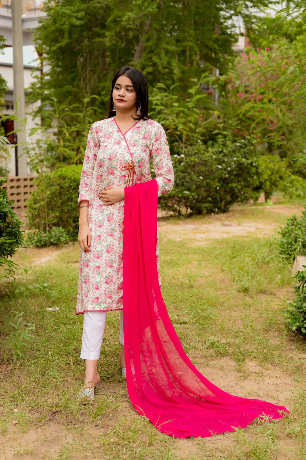 Cotton Crape Floral Angrakha Style 3 Piece Shirt - Shadeforteen
