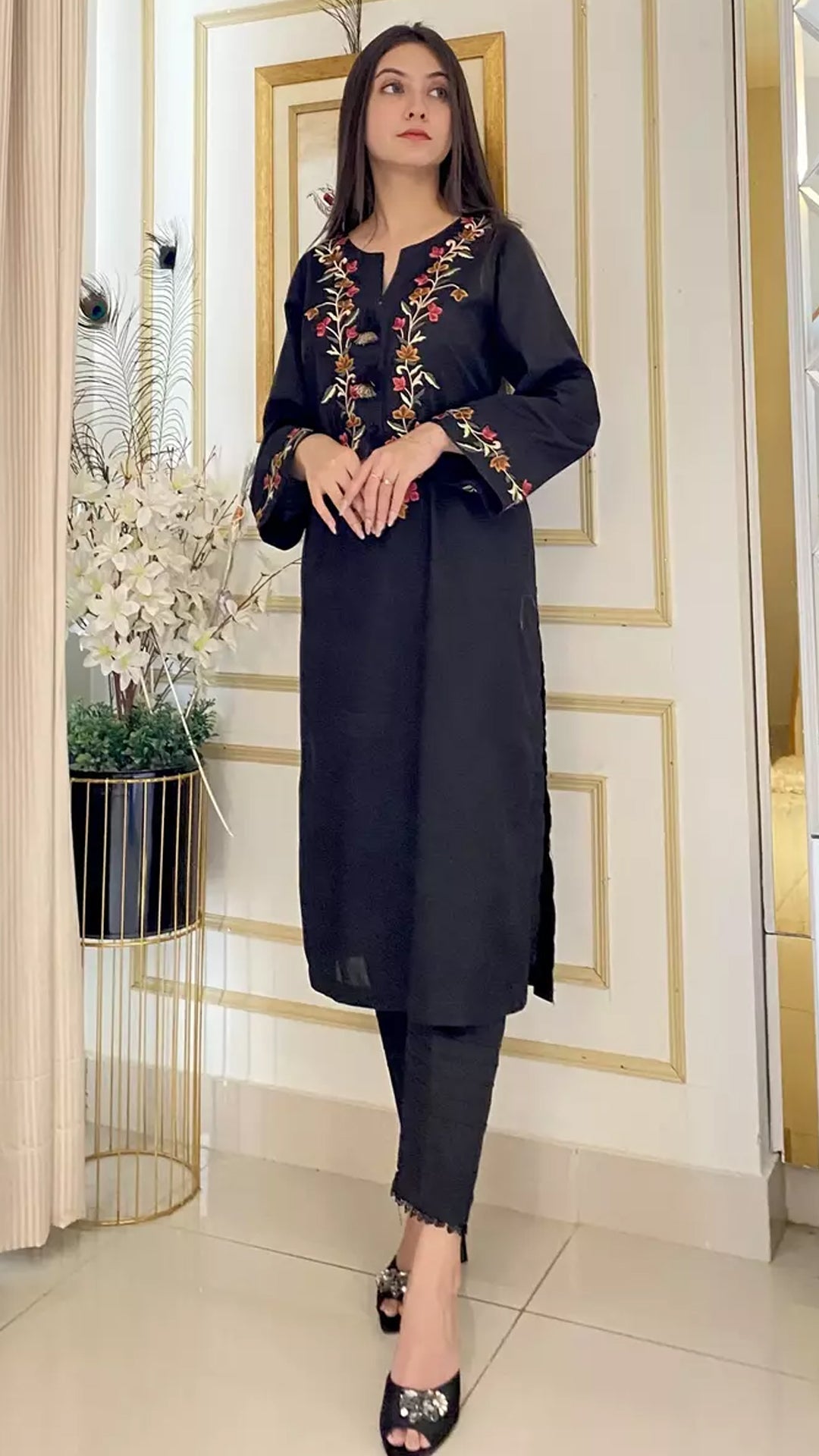 Black Embroidered Kurti Multi-Colored & Trendy 1 Piece