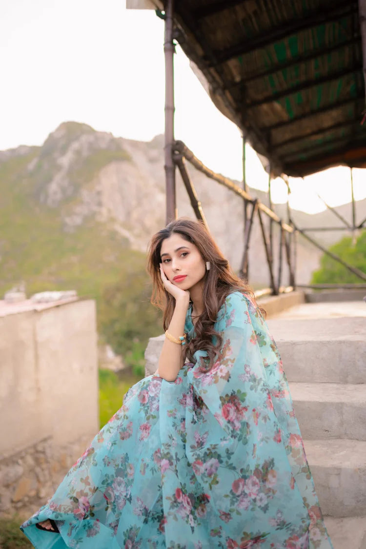 Bright Floral Organza Saree - Eleganza