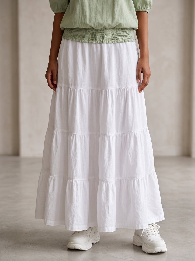 1 Piece White Cotton Maxi Skirt For Women “ Elegant Tiered Long Skirt - Urban Cut