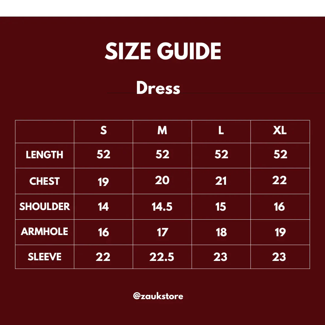 Size guide for a dress on a dark red background
