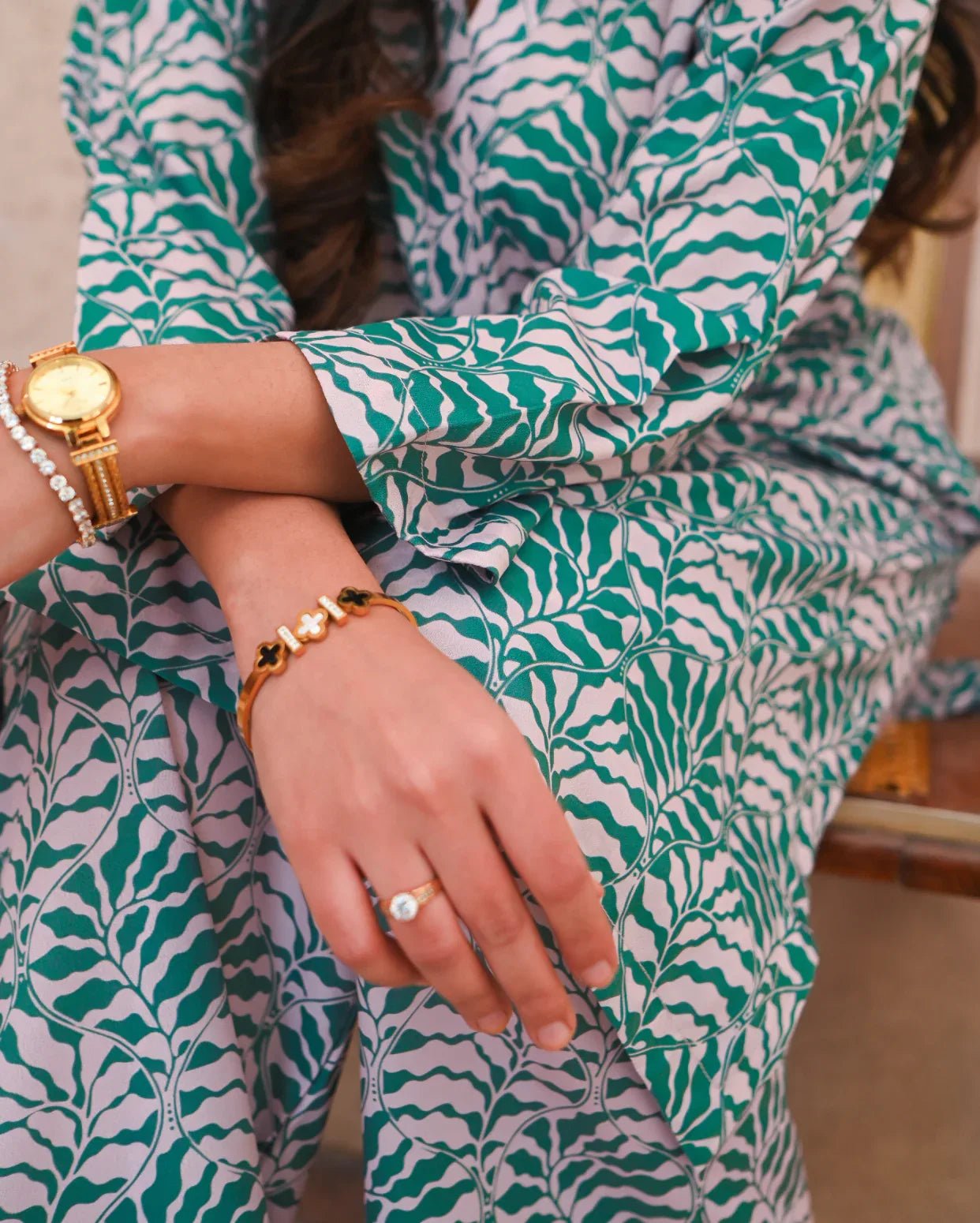 Close up on the details of the print of dress.