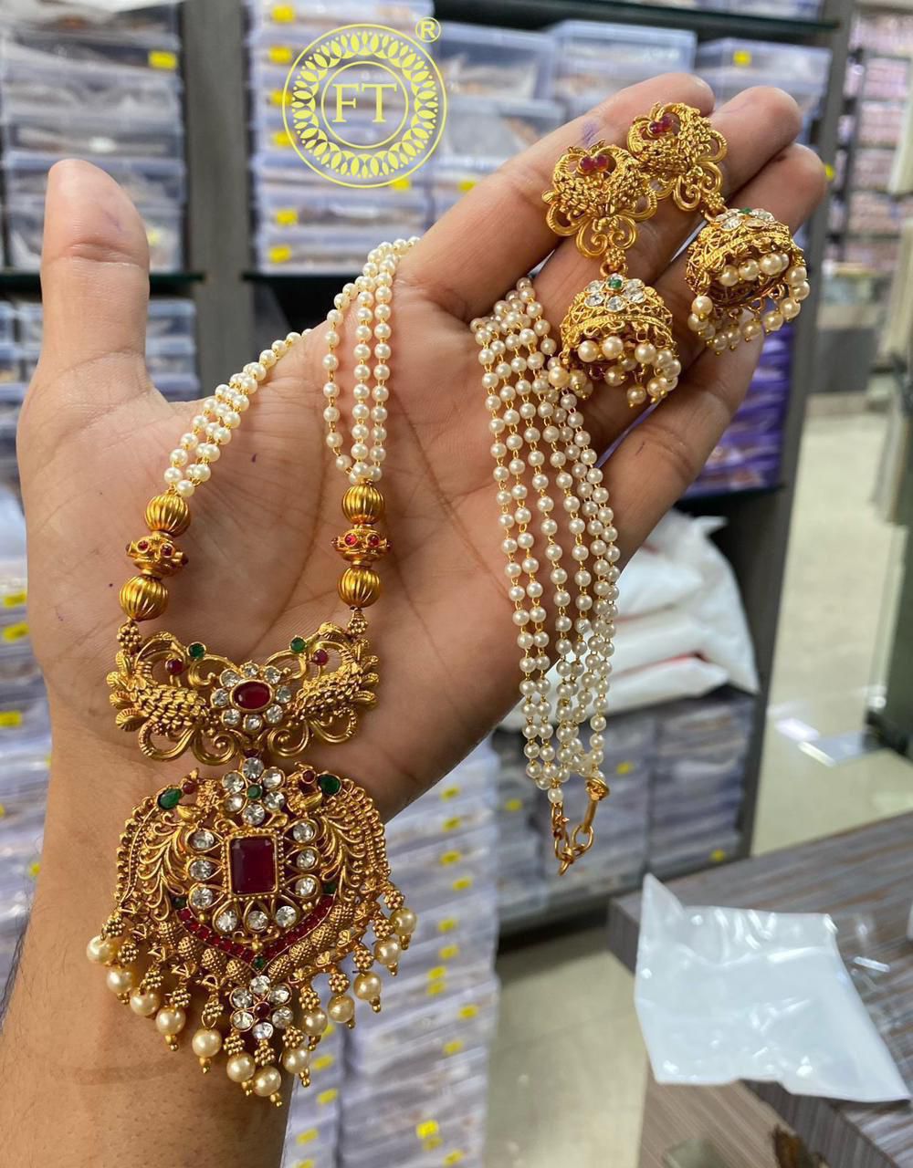 Matt Finish Peacock Mala Necklace With Jhumki - Aloro Jewels