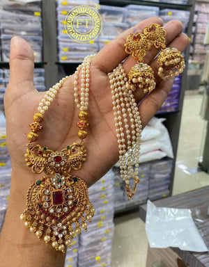Matt Finish Peacock Mala Necklace With Jhumki - Aloro Jewels