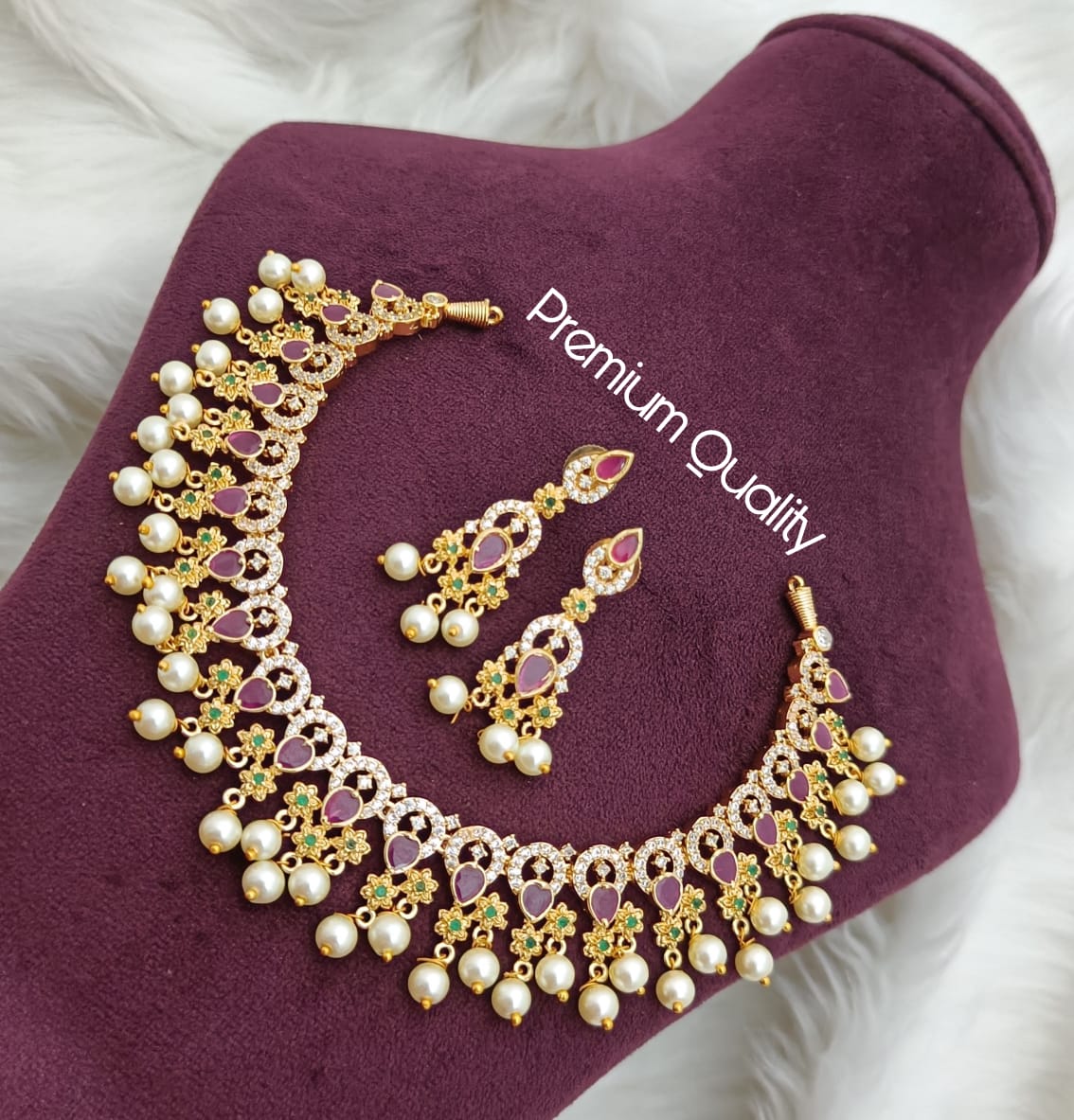 Gold Plated Jadau Necklace With Earrings - Aloro Jewels