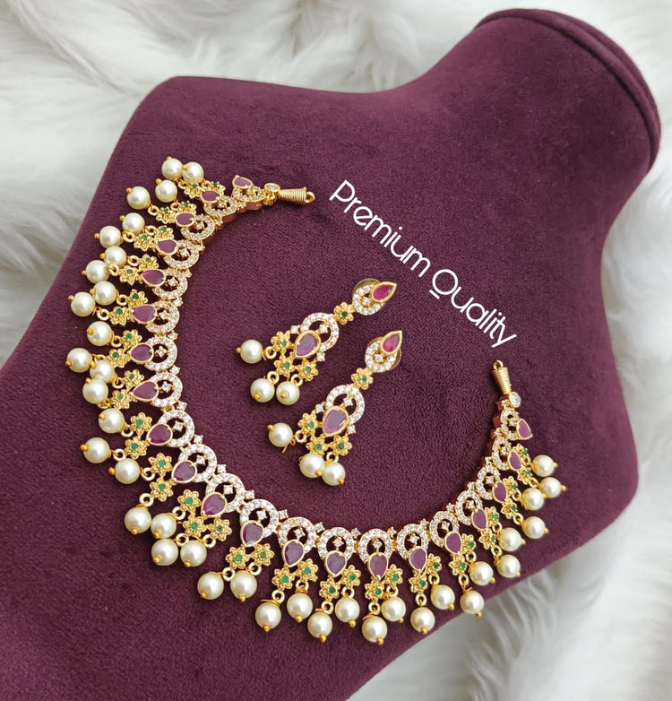 Gold Plated Jadau Necklace With Earrings - Aloro Jewels