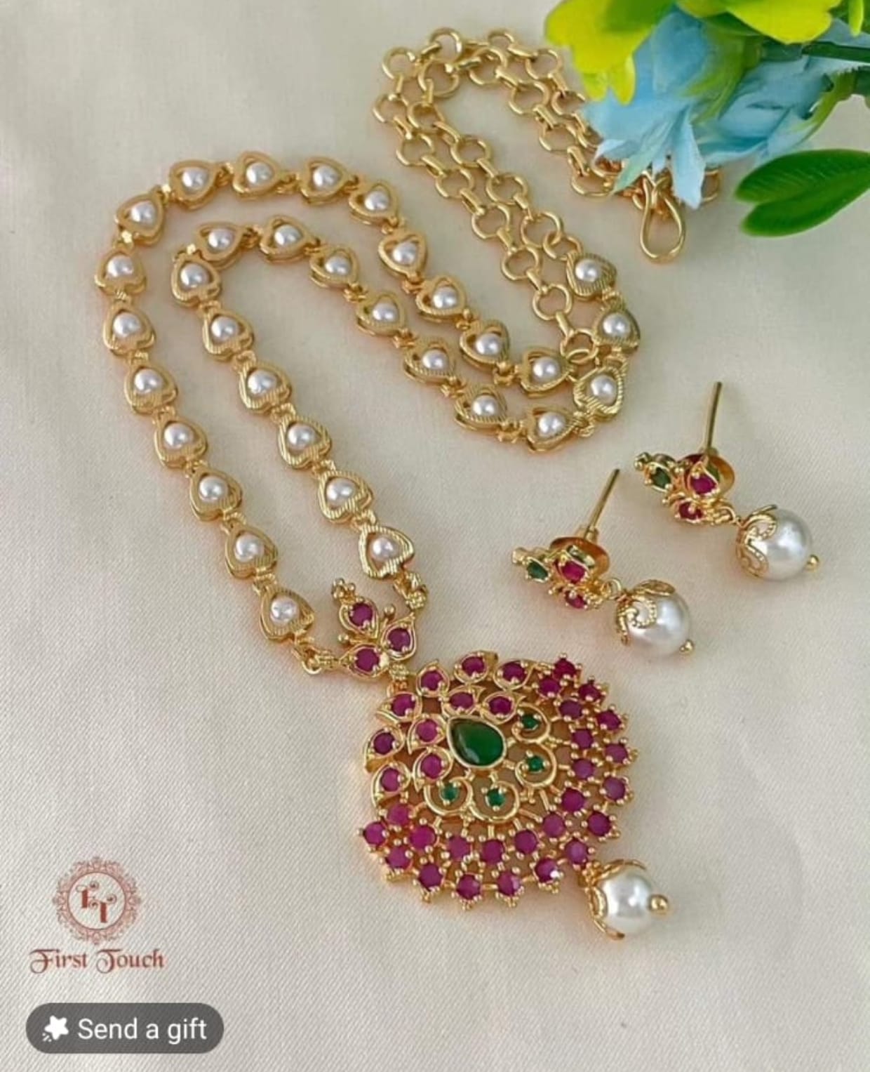 Ruby Pendent Pearl Chain Mala - Aloro Jewels