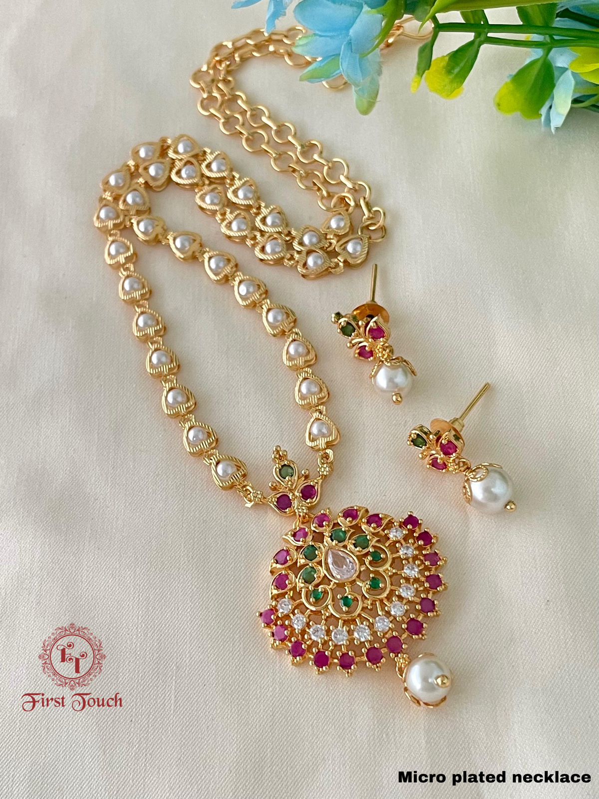 Ruby Pendent Pearl Chain Mala - Aloro Jewels