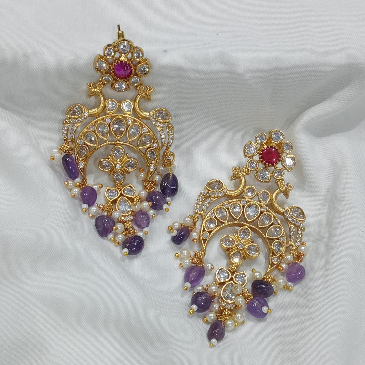 Gold Plated Jadau Chandelier Earrings - Aloro Jewels