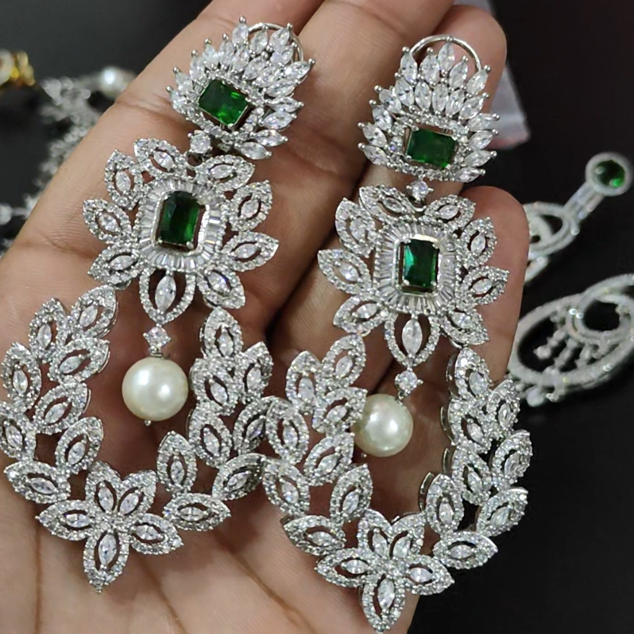 Rhodium Plated Designer Diamond Look Earrings - Aloro Jewels