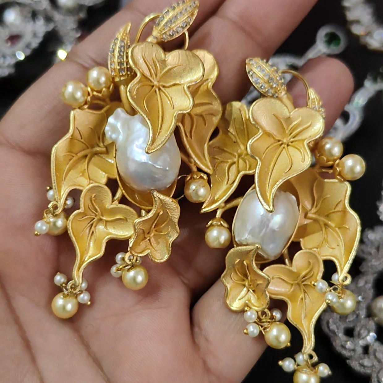Gold Plated Natural Pearl Studded Statement Earrings - Aloro Jewels