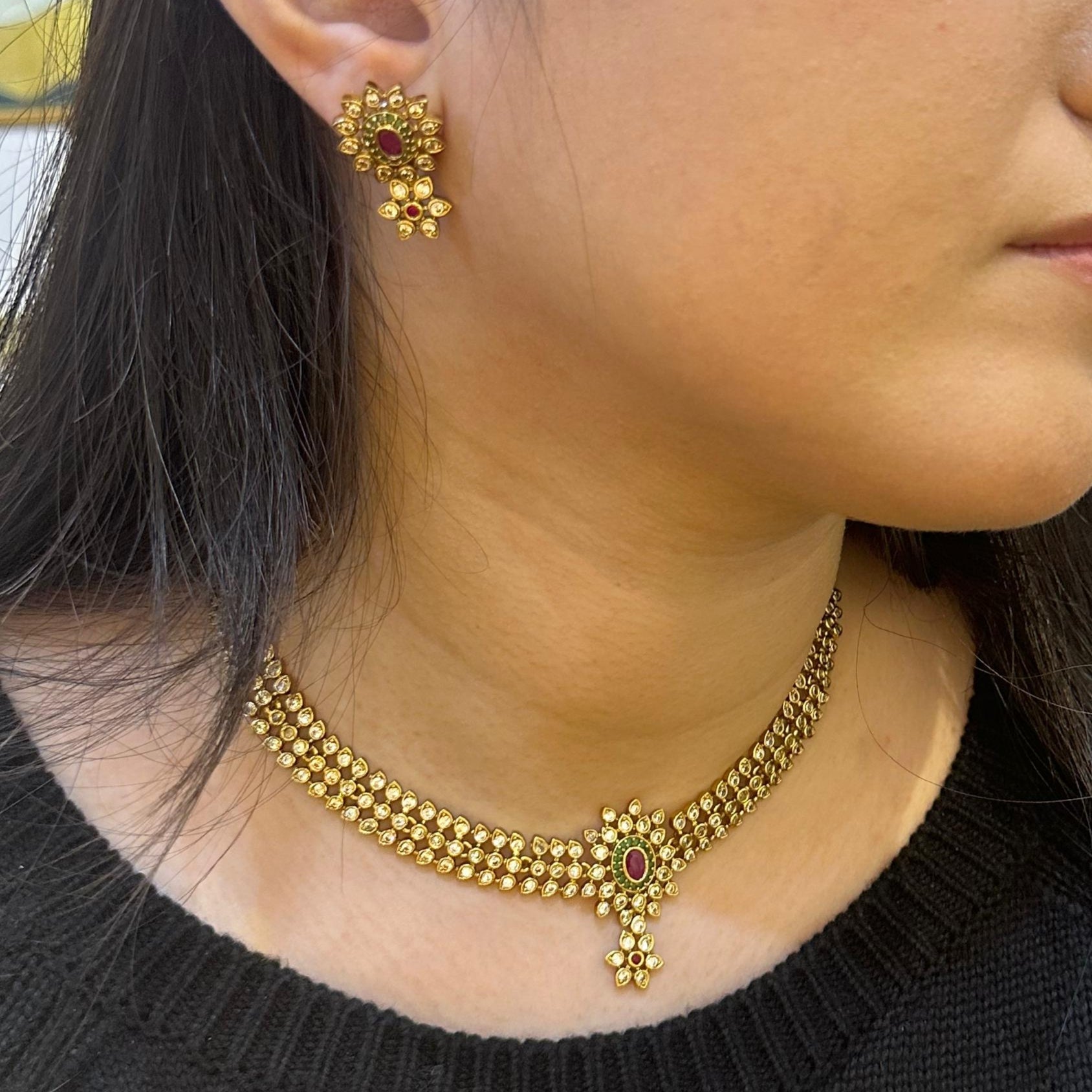 Jadau Necklace With Stud Earrings - Aloro Jewels