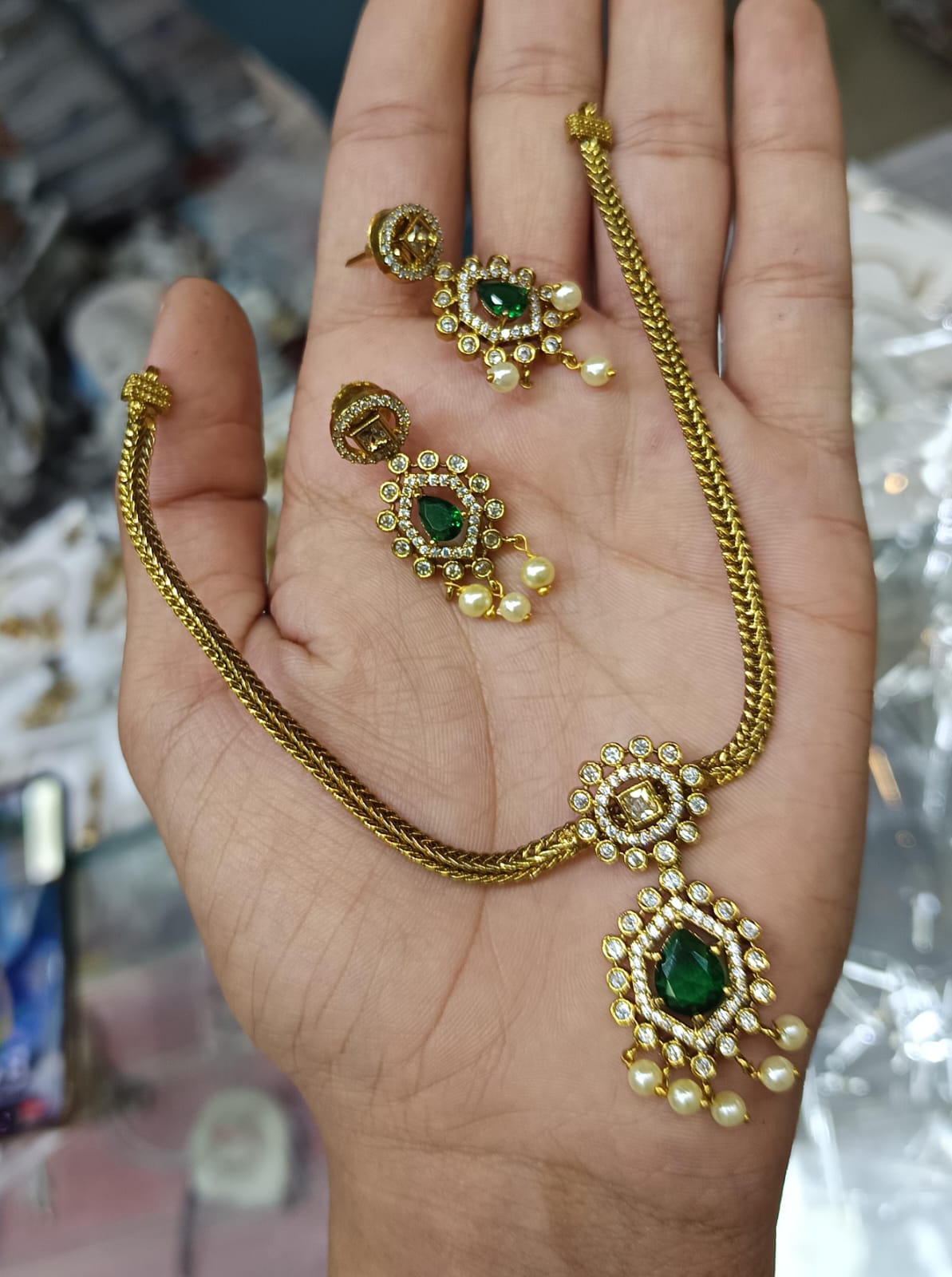 Gold Plated Jadau Necklace With Earrings - Aloro Jewels