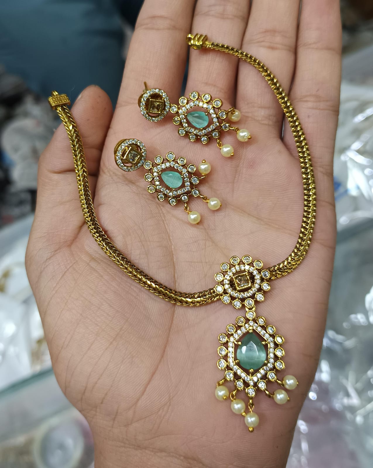 Gold Plated Jadau Necklace With Earrings - Aloro Jewels