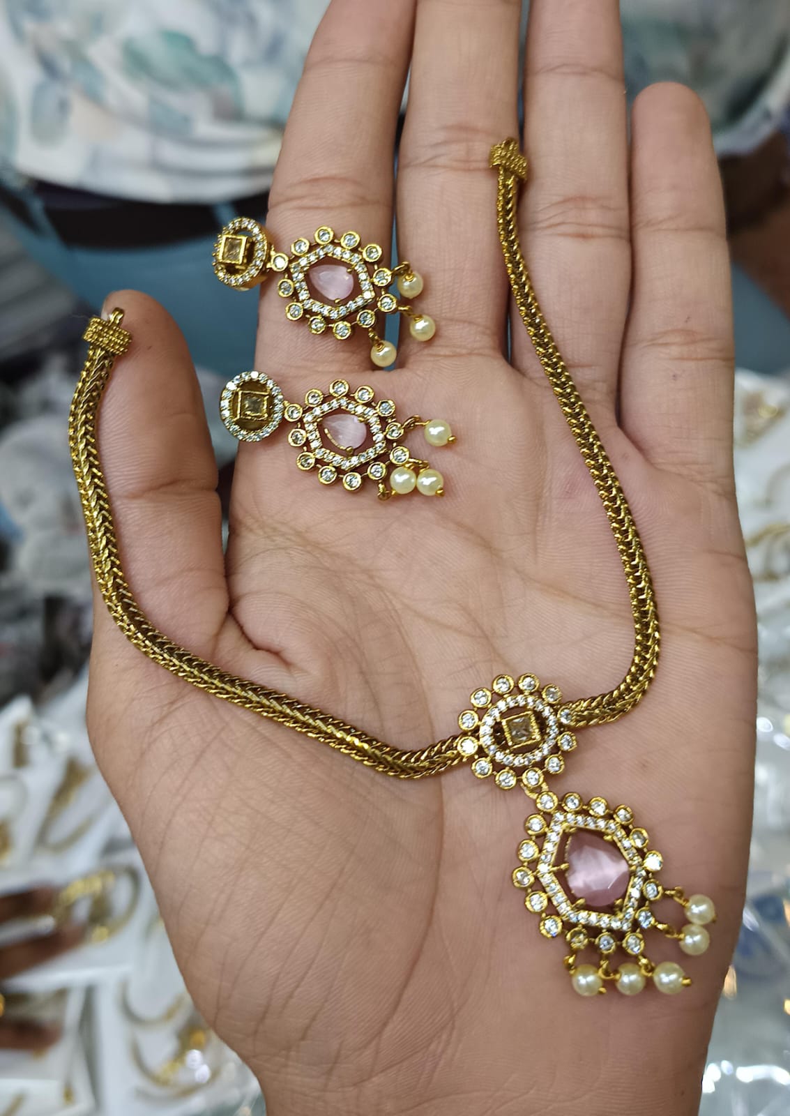 Gold Plated Jadau Necklace With Earrings - Aloro Jewels