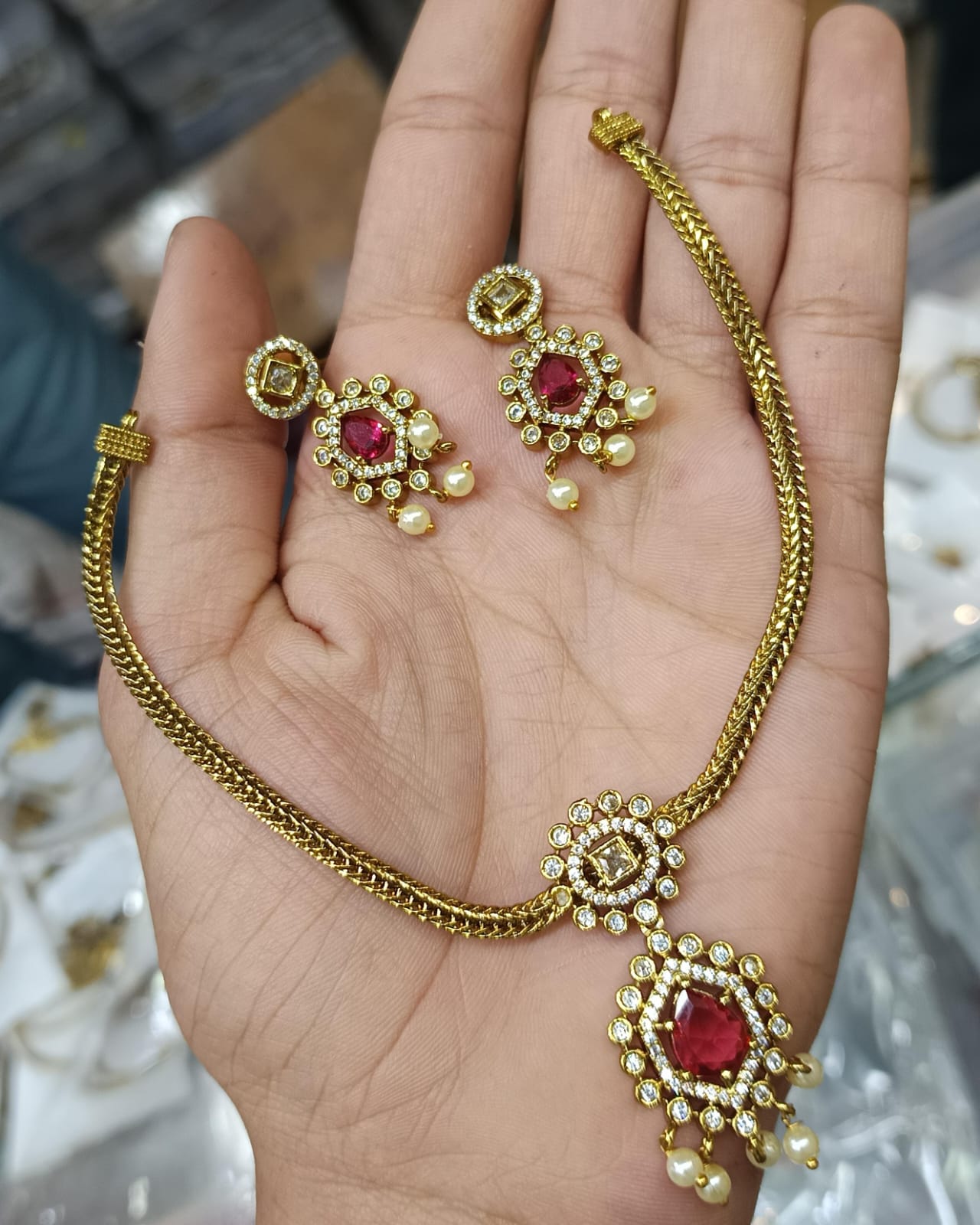 Gold Plated Jadau Necklace With Earrings - Aloro Jewels