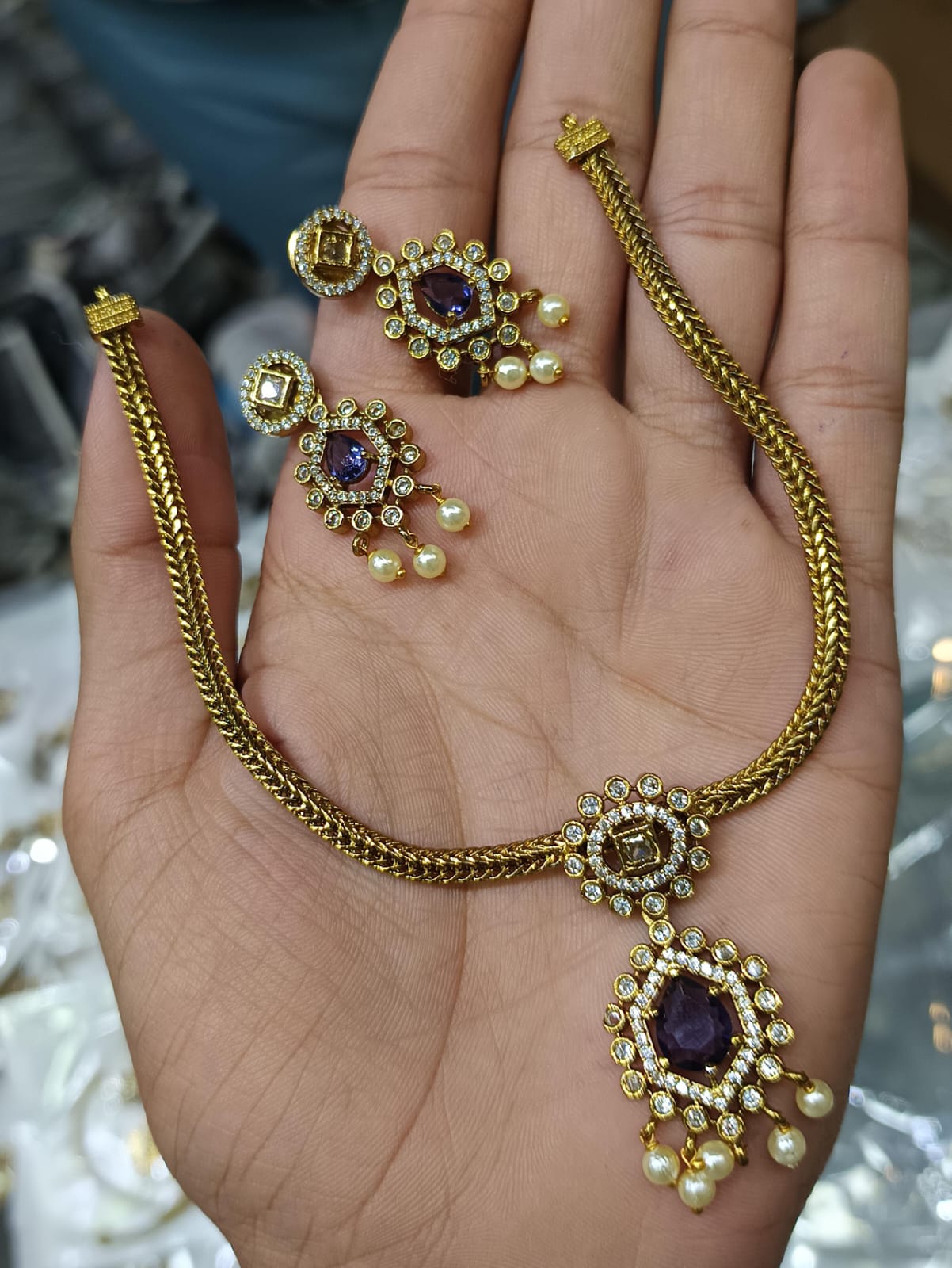 Gold Plated Jadau Necklace With Earrings - Aloro Jewels