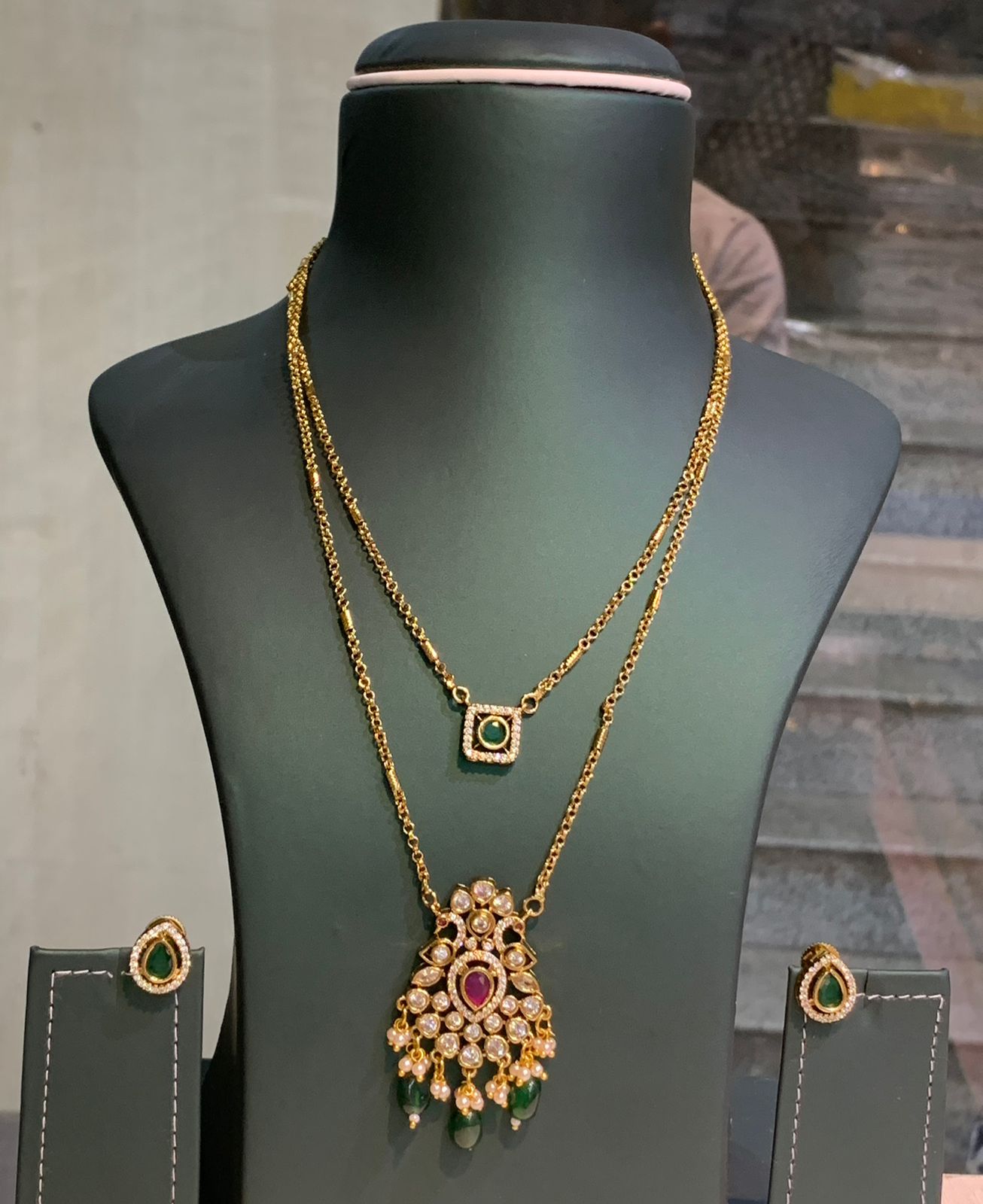 Gold Plated Kundan Multilayer Pendent Chain With Studs - Aloro Jewels
